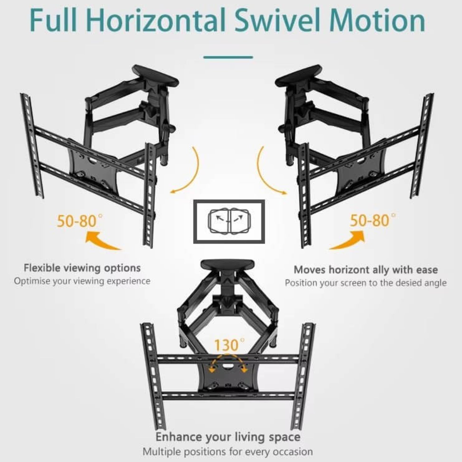 Diagram showcasing full horizontal swivel motion of a TV wall mount, highlighting flexible viewing angles.