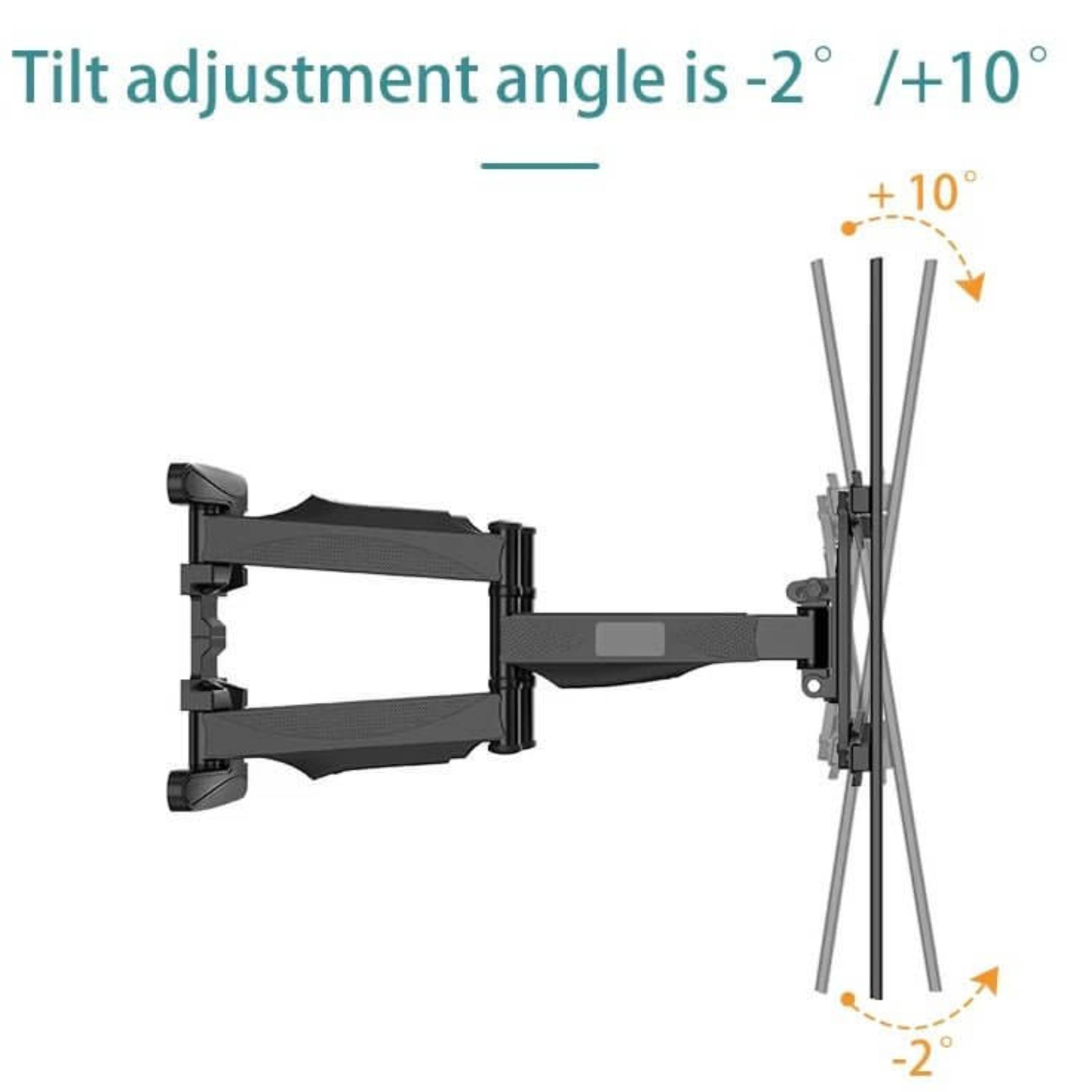 Full Motion TV Wall Mount P5 showing tilt adjustment angle of -2° to +10°, designed for optimal viewing flexibility.