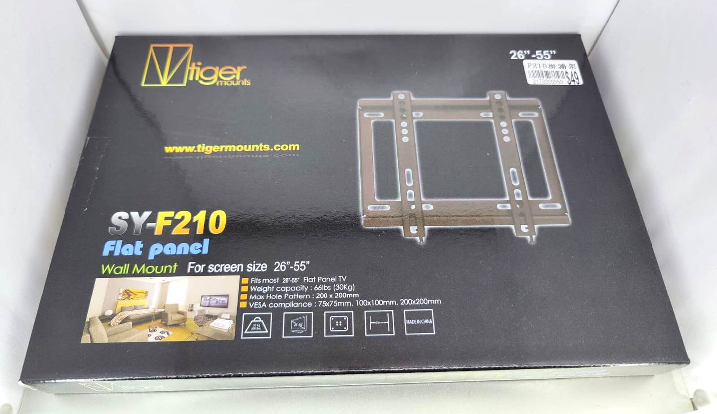 Front view of the Tiger Mounts SY-F210 Flat Panel Wall Mount packaging box, showing product image, features, and '14"-42"' compatibility.