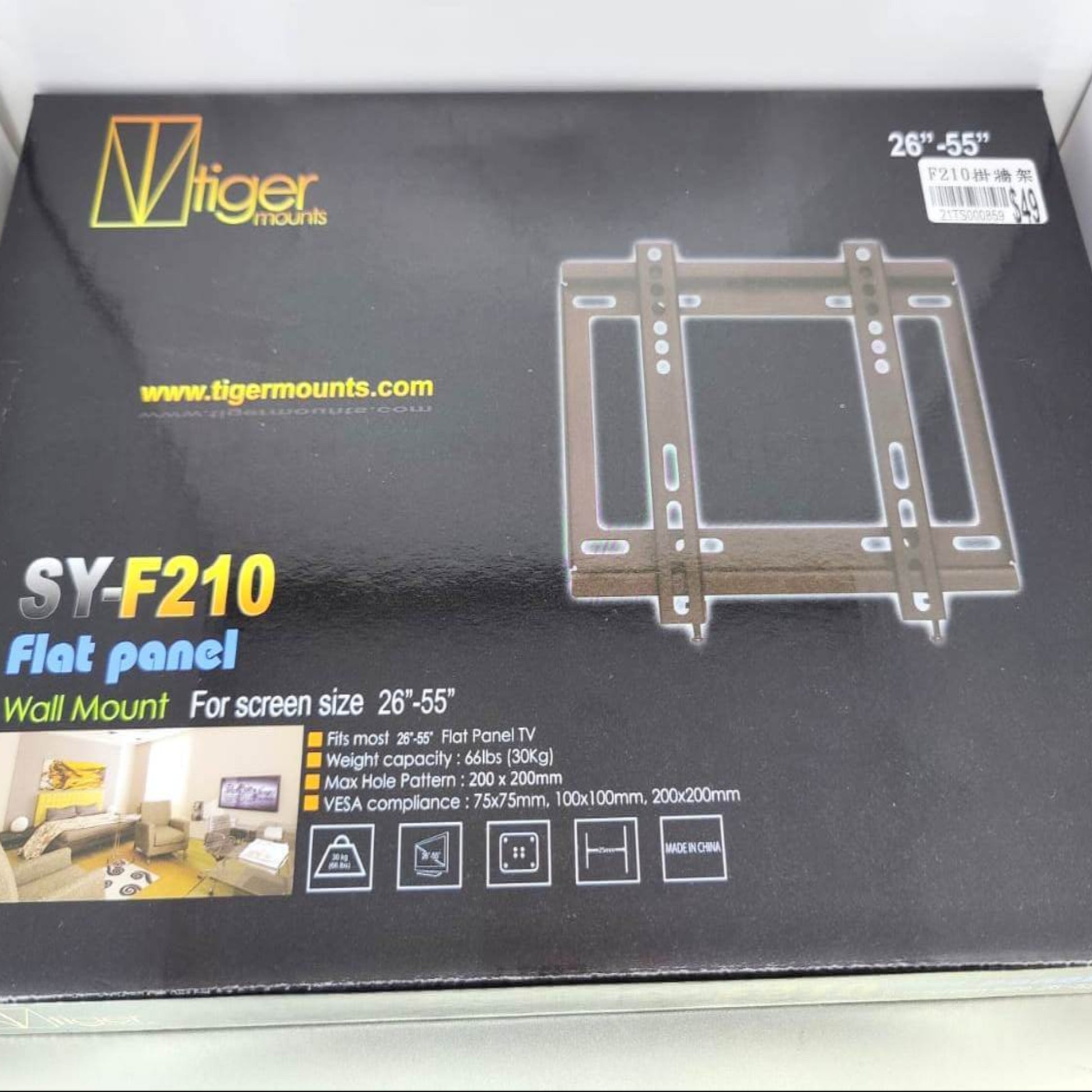 Tiger Mounts SY-F210 flat panel wall mount packaging for 26"-55" TVs, ideal for home and office installations.