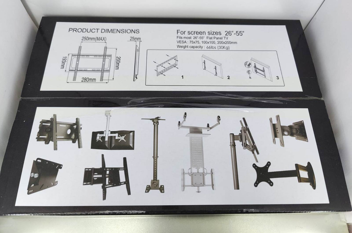 Tiger Mounts SY-F210 掛牆架包裝盒側面,詳細列出產品尺寸、VESA 兼容性、承重及其他支架類型。