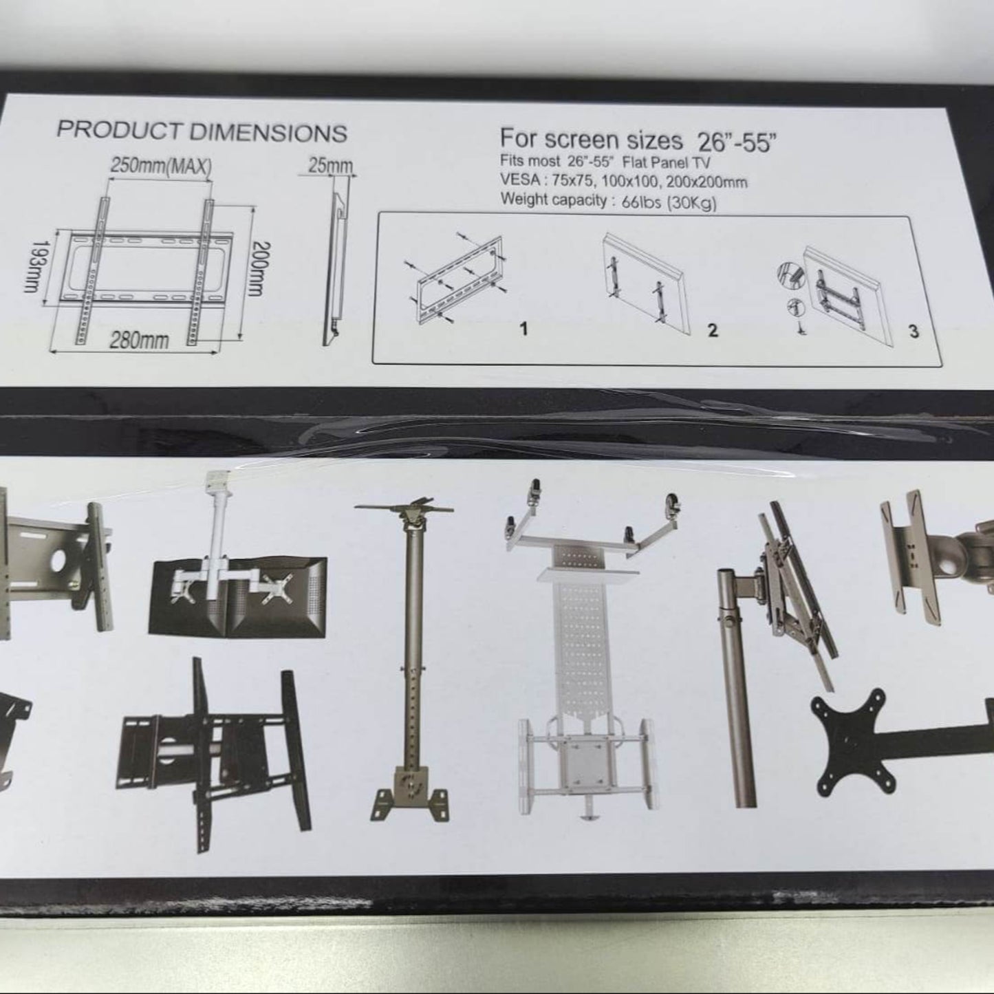 Diagram of TV wall mount product dimensions and installation options for screens 26-55 inches
