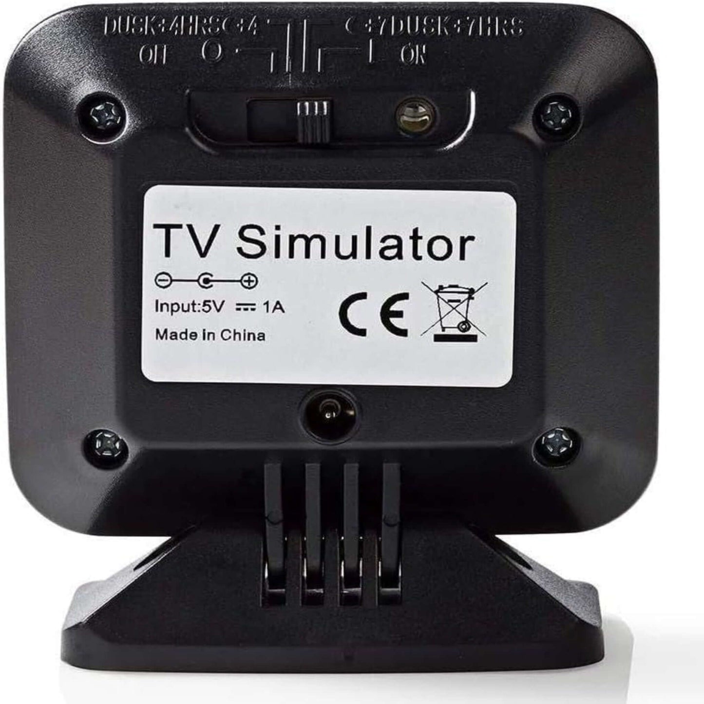 Back view of a TV simulator home security light with label, designed to deter intruders using LED light patterns.