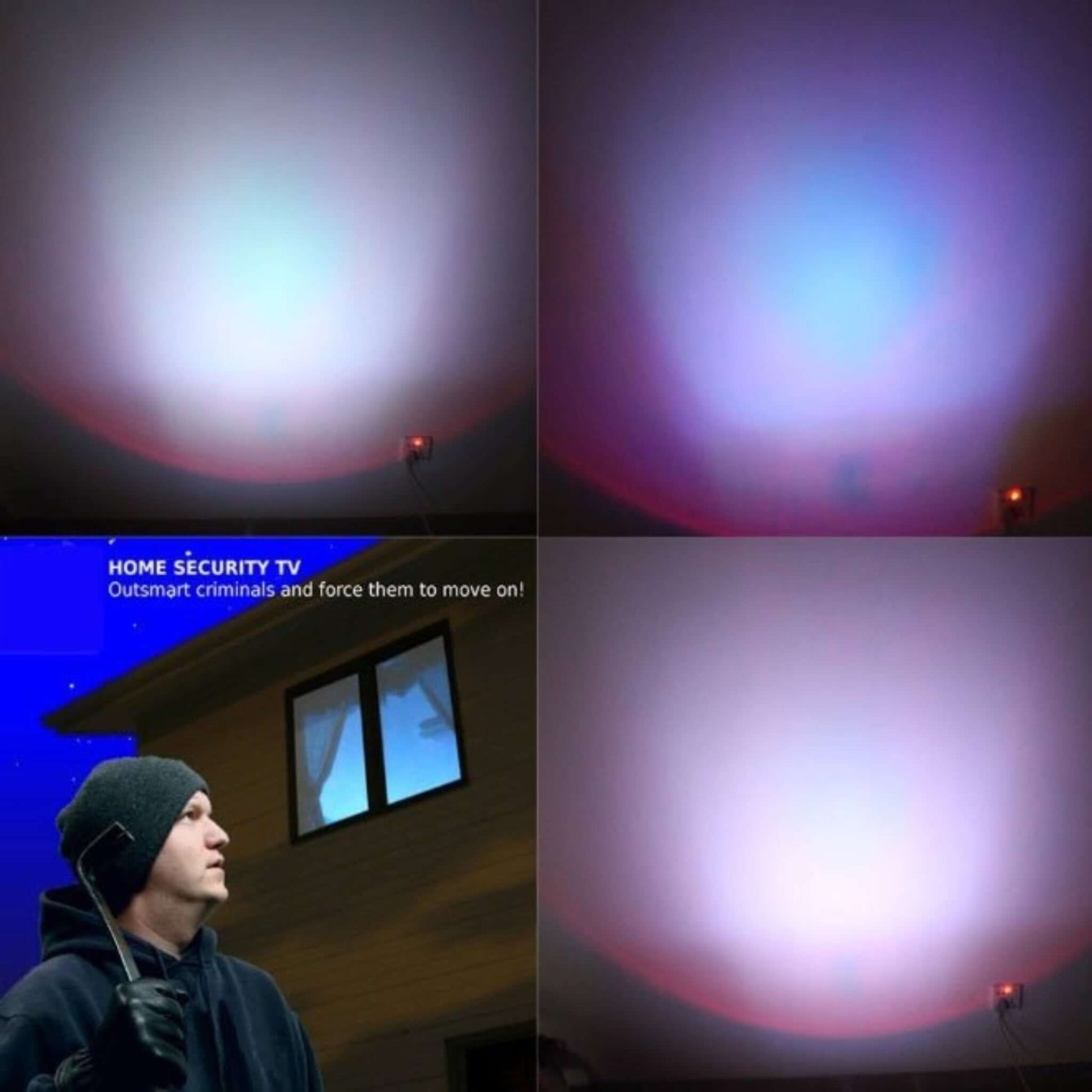 Flashing LED home security light simulating TV to deter intruders with realistic light patterns and timer function.