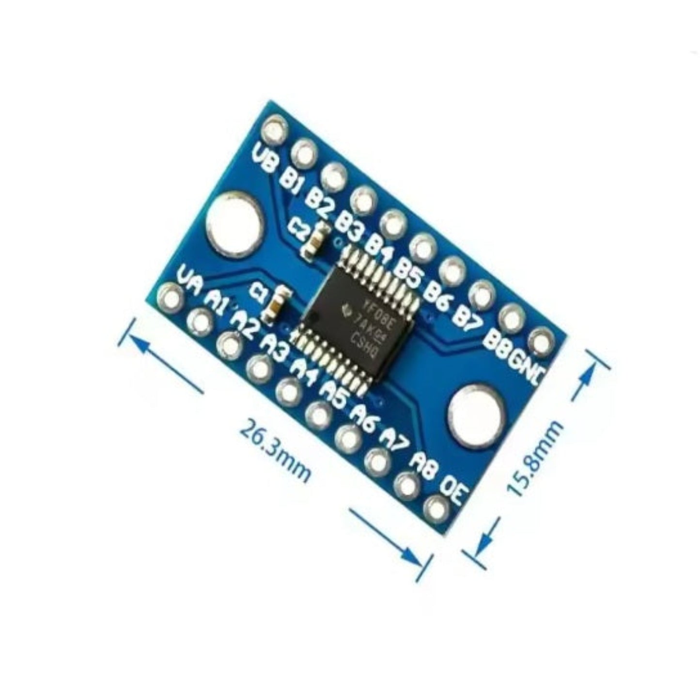 Dimensions and pinout diagram of TXS0108E 8-bit level shifter 26.3mm x 15.8mm