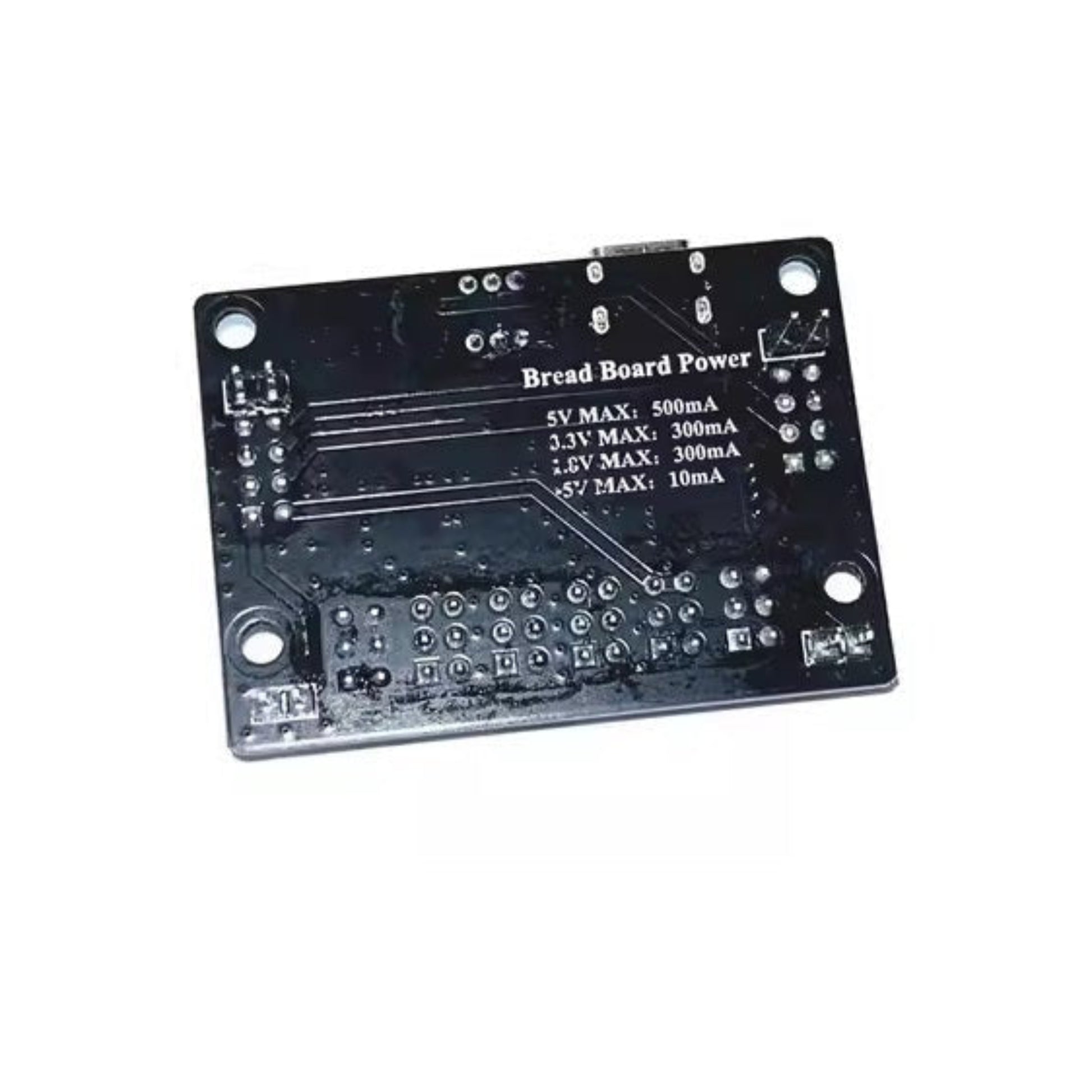 Type-C breadboard power supply module showing 5V, 3.3V, 1.8V outputs and specifications for electronic projects.