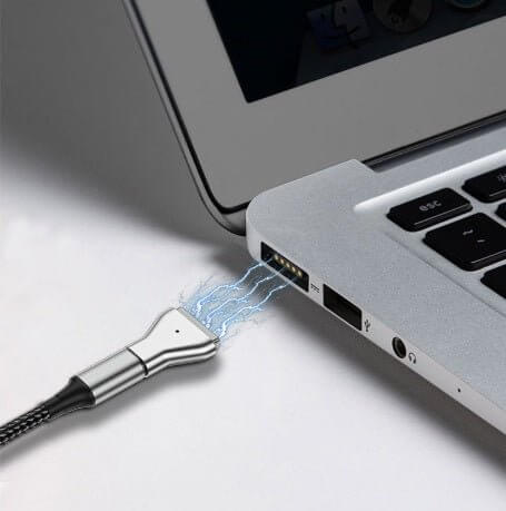 Type-C to MagSafe 2 adapter connecting to MacBook with electric sparks visualizing charging.