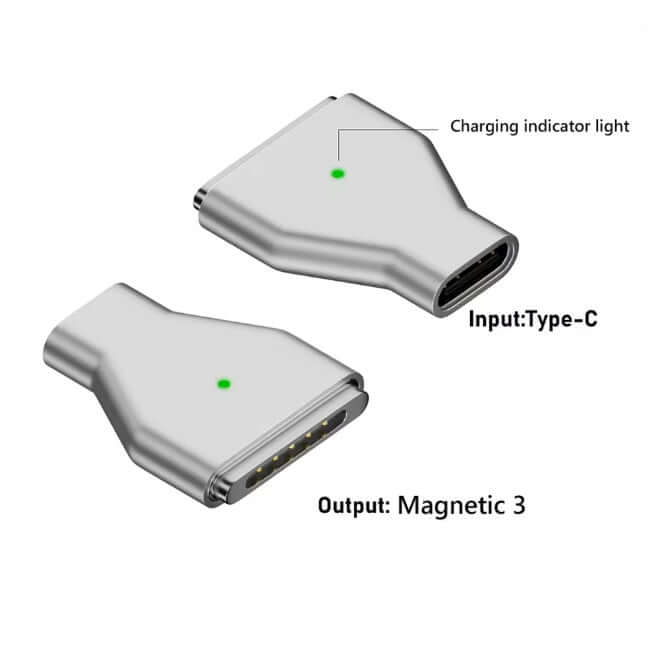 Type-C to MagSafe 2 Magnetic Charging Adapter showing input, output, and charging indicator light.
