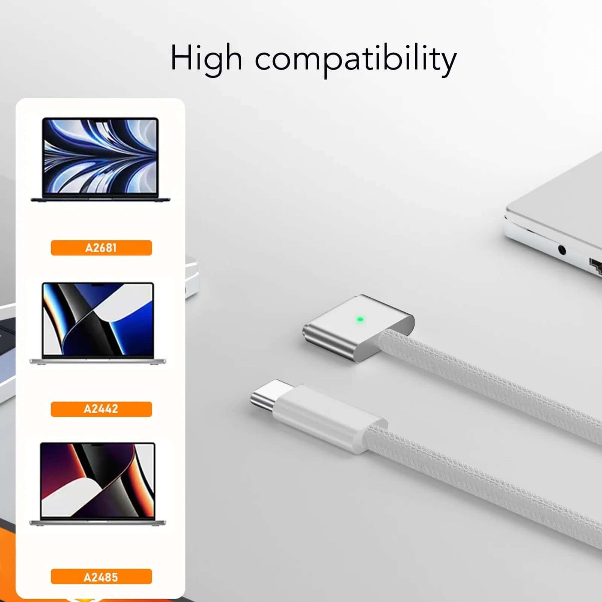 Type-C to MagSafe 3 cable showing high compatibility with MacBook models A2681, A2442, and A2485.