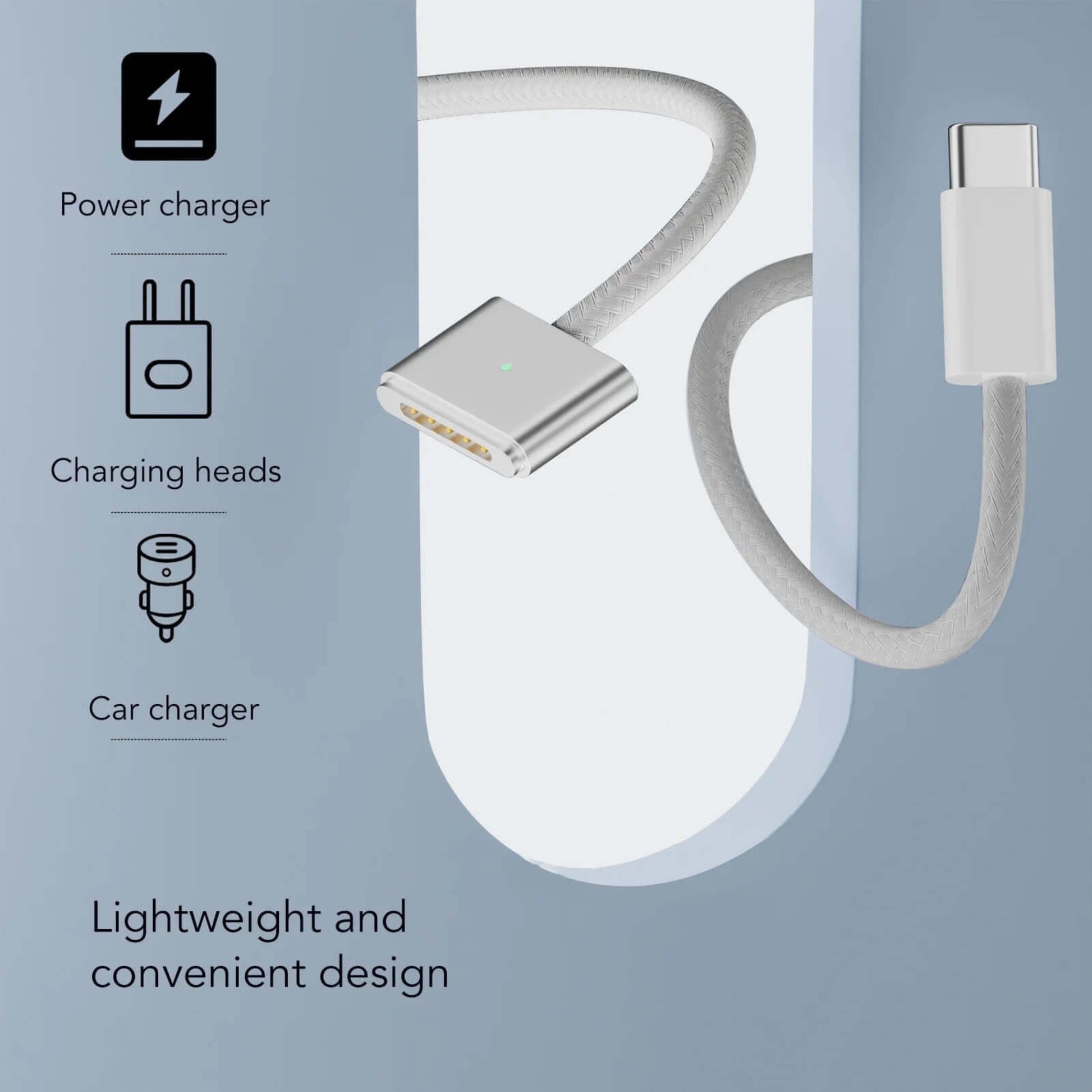 Lightweight Type-C to MagSafe 3 cable compatible with power chargers, charging heads, and car chargers.
