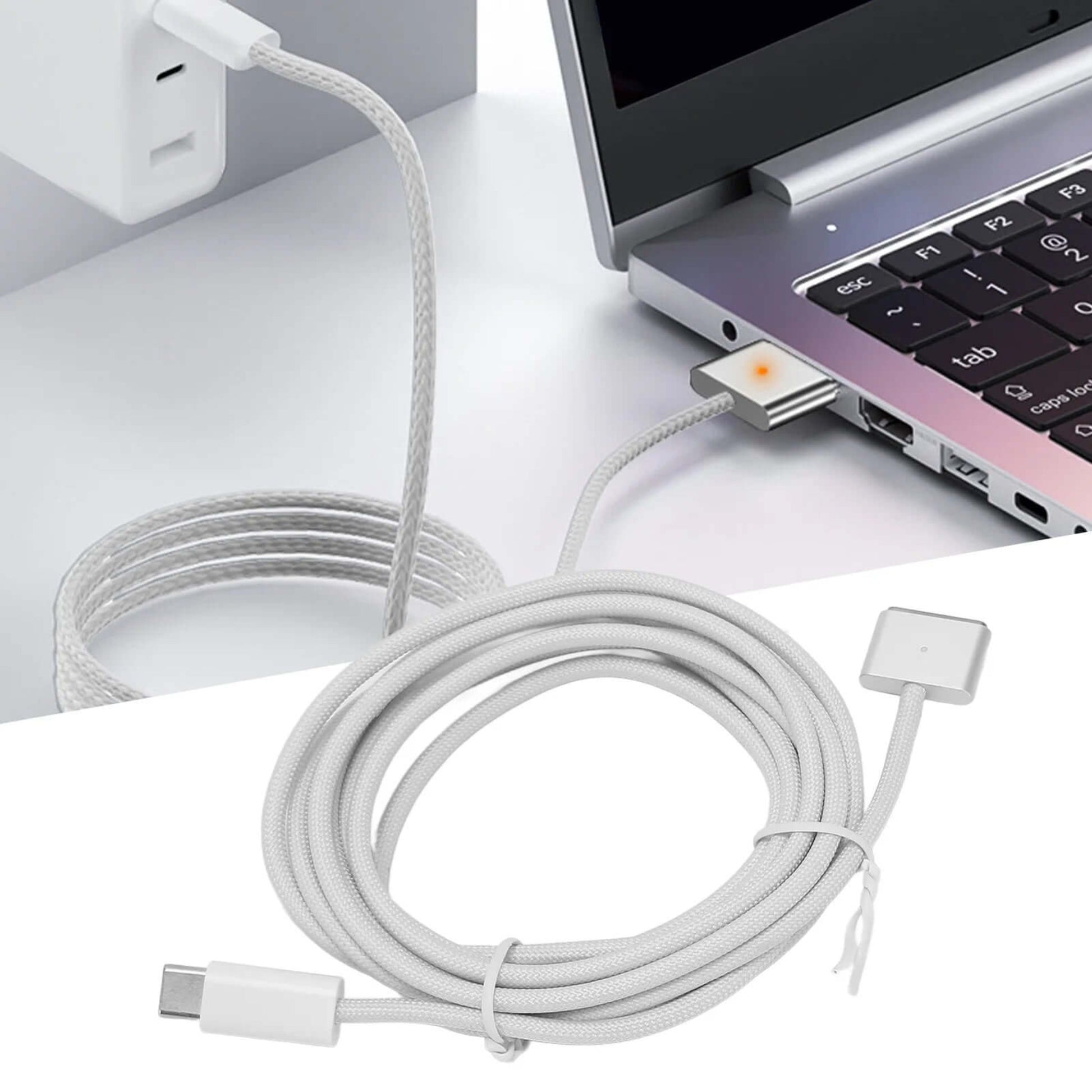 White 2m Type-C to MagSafe 3 charging cable connected to a MacBook and power adapter for fast charging.
