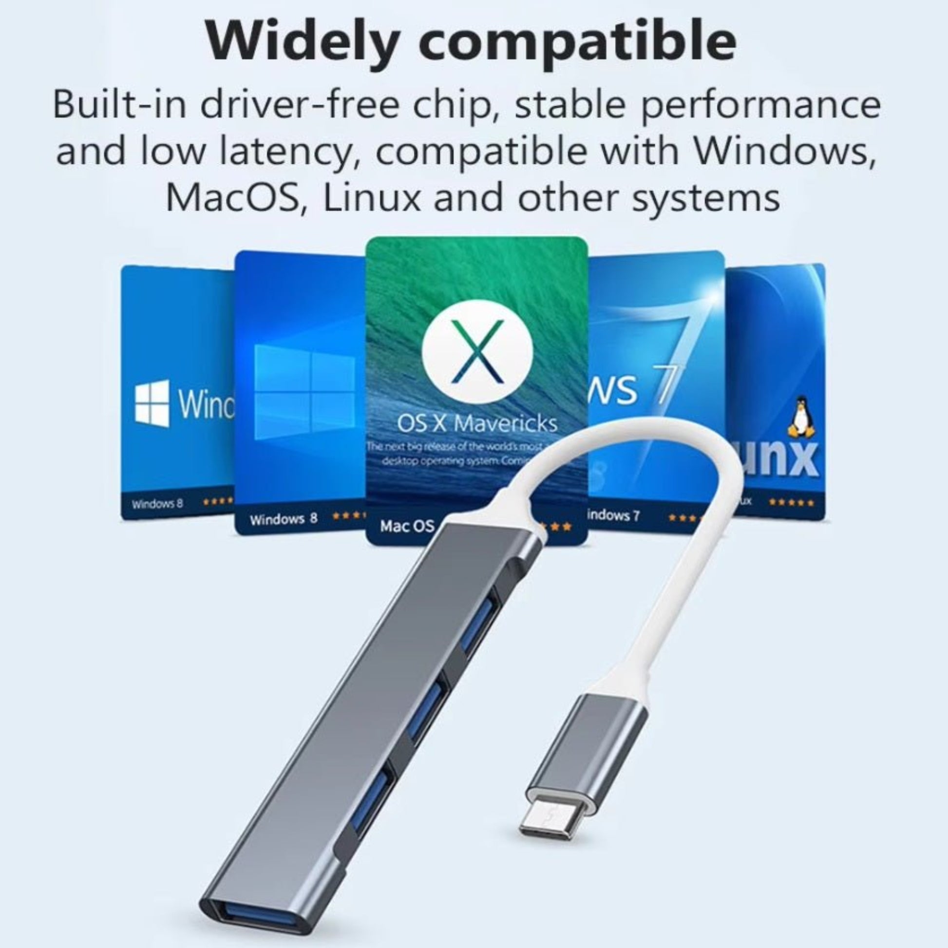 Type-C to USB Hub 4 Port with driver-free chip, compatible with Windows, MacOS, Linux, and stable performance.