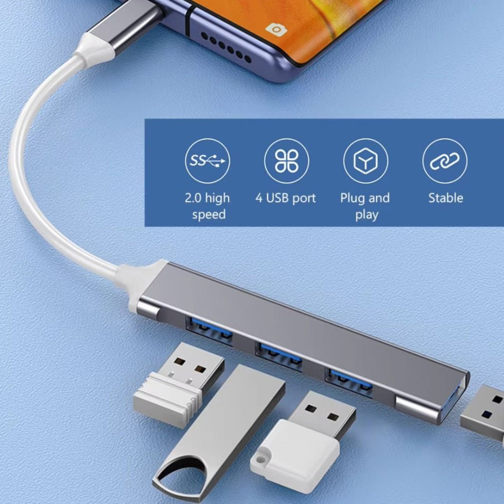 4-Port USB C HUB adapter with plug and play functionality and stable design, supporting high-speed data transfer.