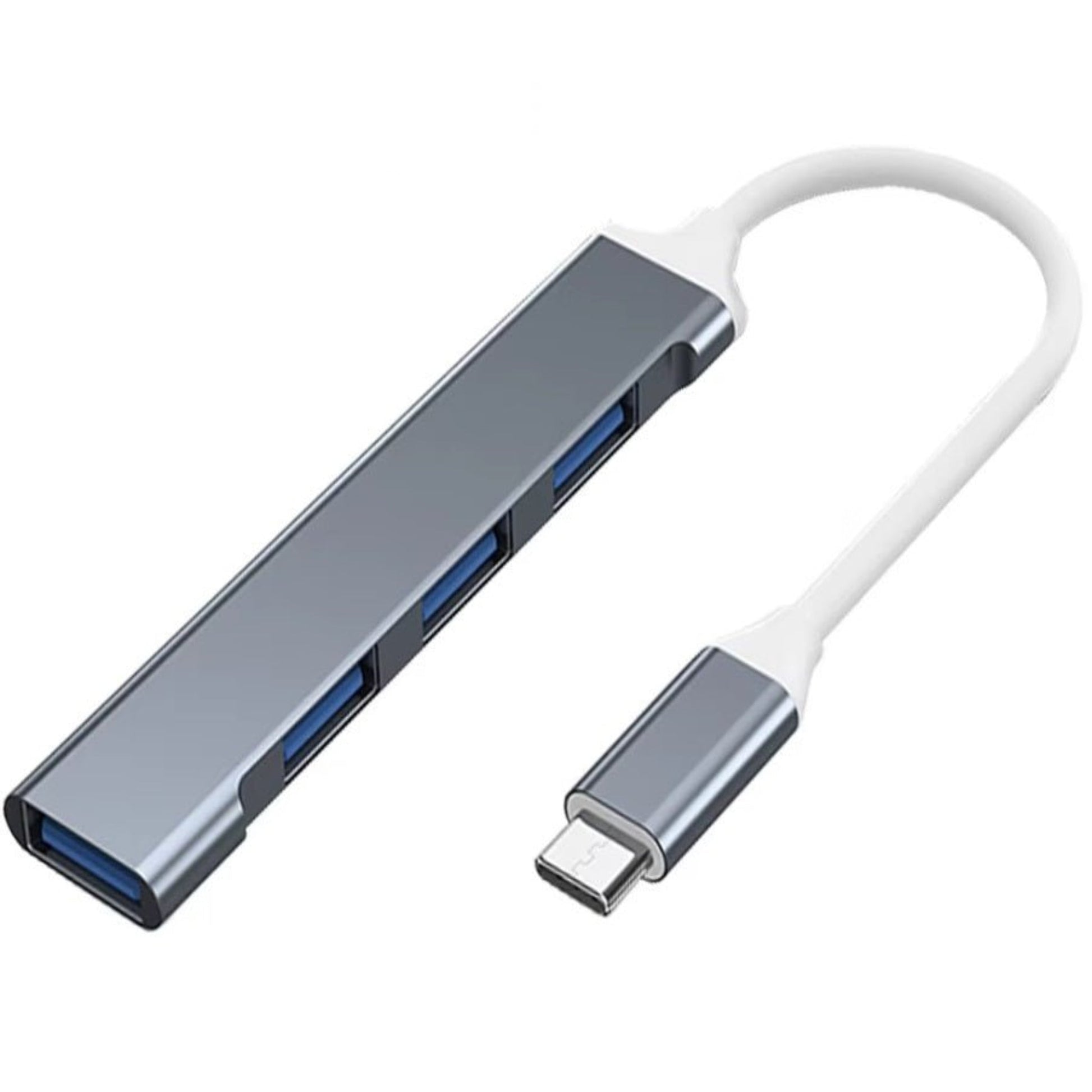 Type-C to USB HUB with 4 ports, featuring USB 2.0 and USB 3.0 connections, high-speed data transfer, plug and play.