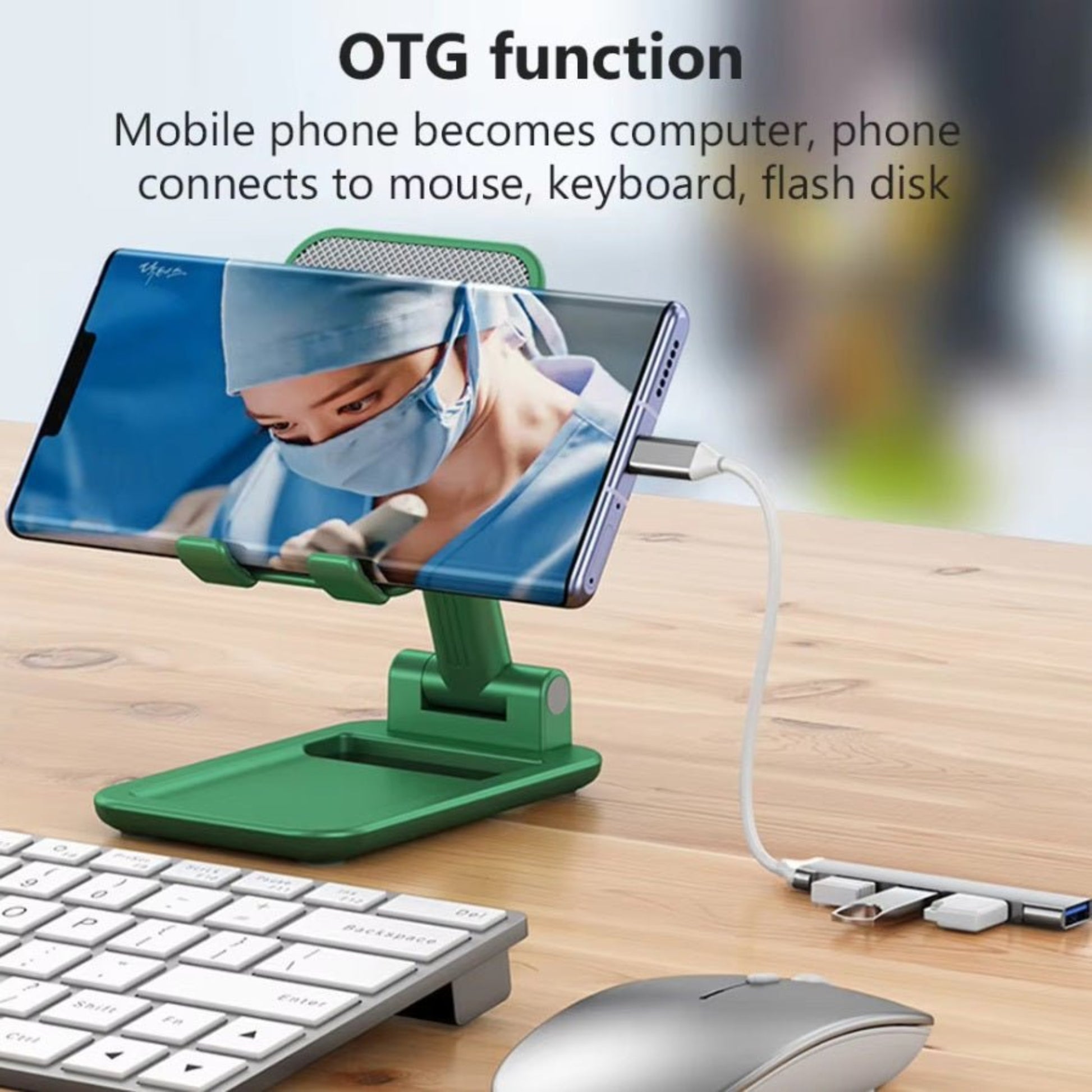 OTG function: Mobile phone connects to mouse, keyboard, flash disk using a stylish green stand and USB cables.