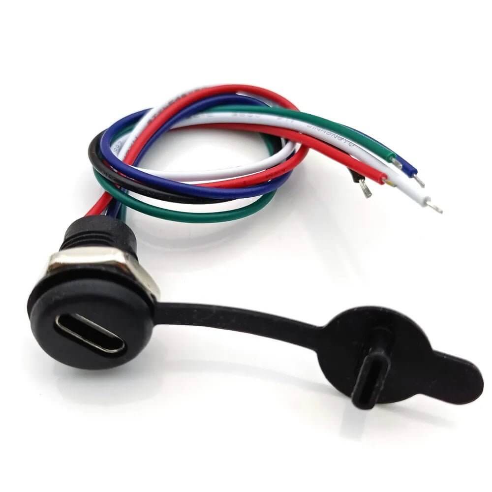 Type-C female connector cable with 5-pin wiring, waterproof design, 15cm length, for high current charging applications.