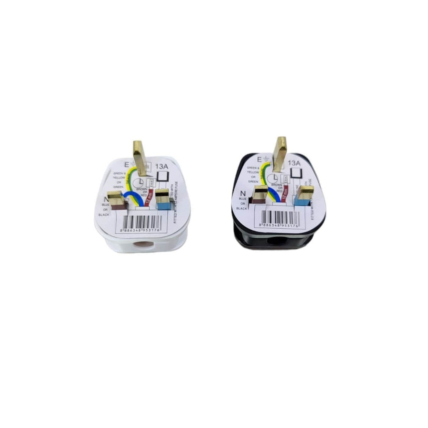 Black and white eight UK 13A rewirable 3-pin power plugs for safe appliance connections.