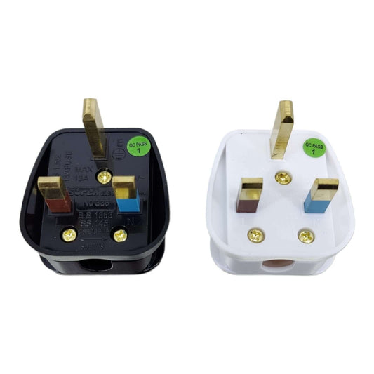 Two UK 13A rewirable 3-pin power plugs in black and white, showcasing quality design for safe appliance connections.