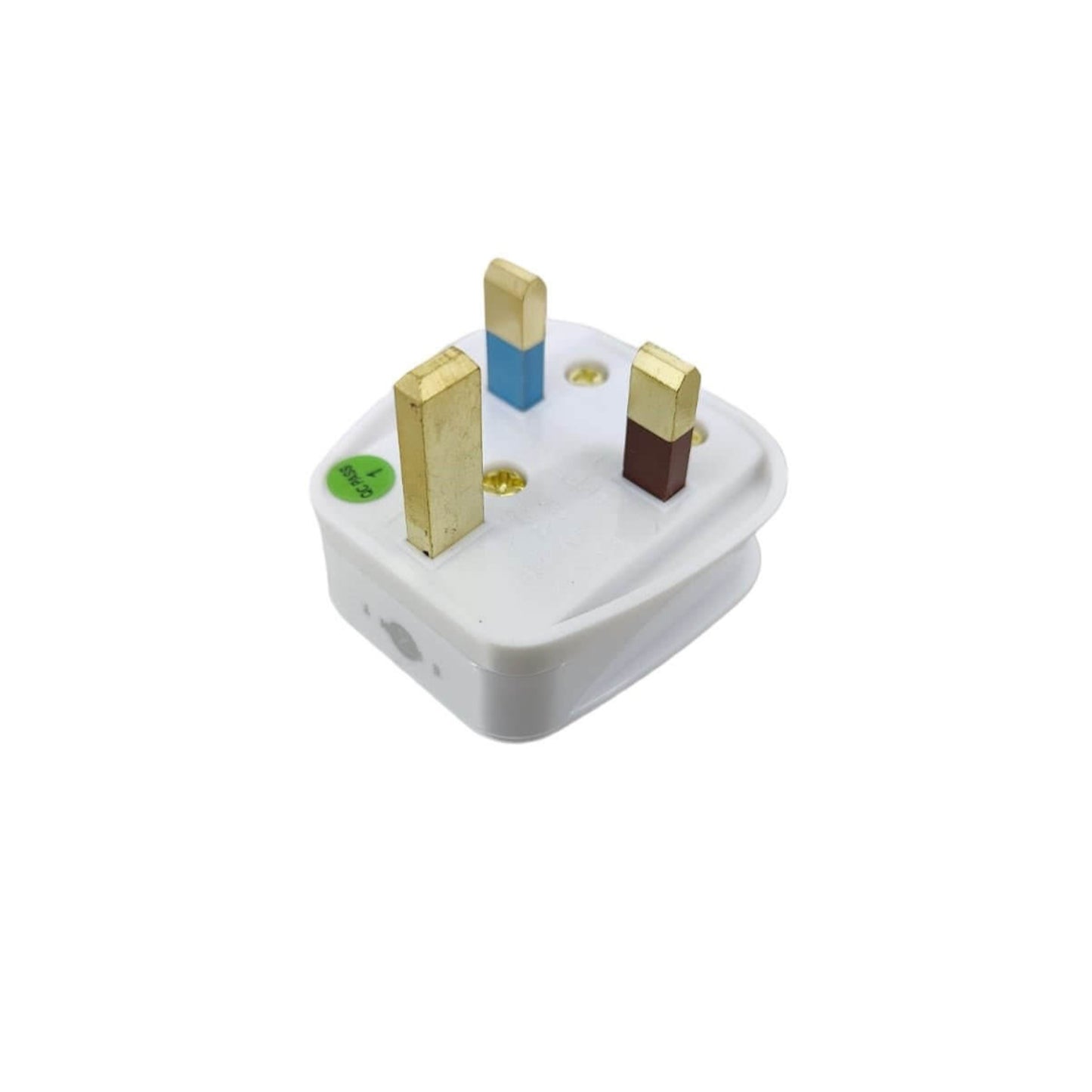 UK 13A rewirable 3-pin power plug in white with gold pins, ideal for appliances and electrical safety.
