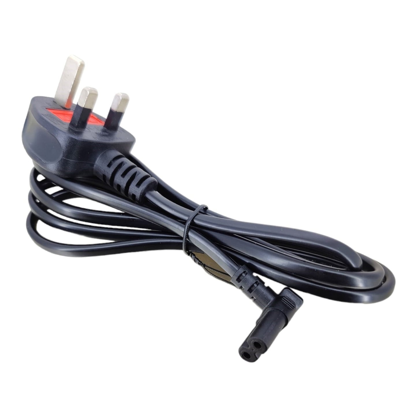UK 3-pin to IEC C7 Figure 8 right angle power cable, 1.5M length, perfect for various electronic devices.