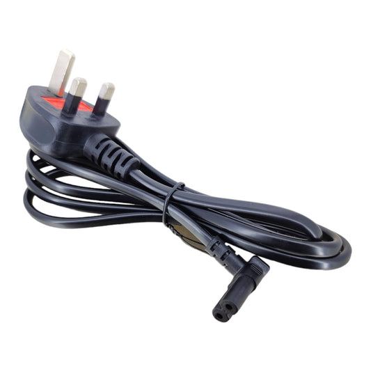 UK 3-pin to IEC C7 Figure 8 right angle power cable, 1.5M length, perfect for various electronic devices.