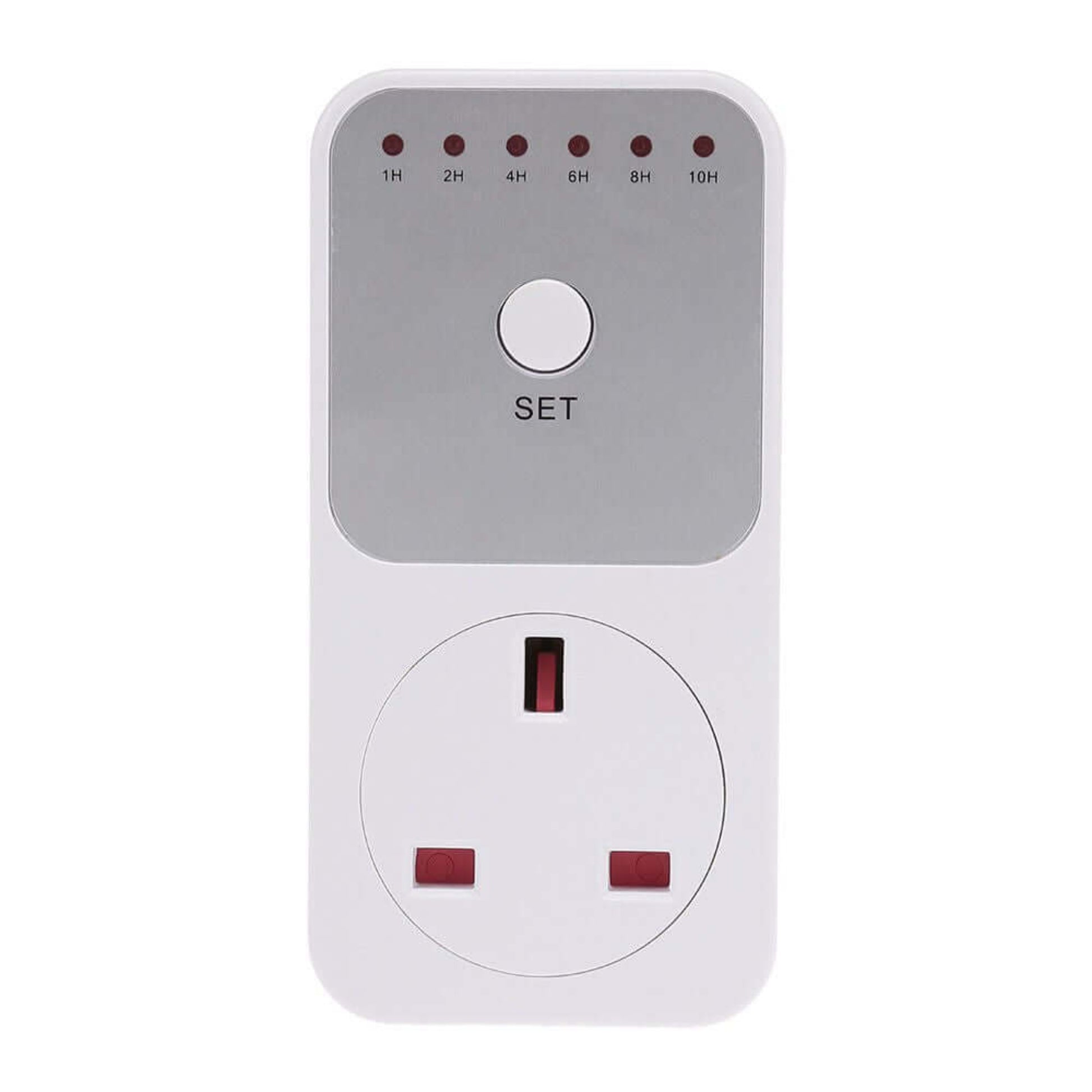 UK 3-pin plug countdown timer socket with 1H to 10H timing options and SET button for auto shut off.