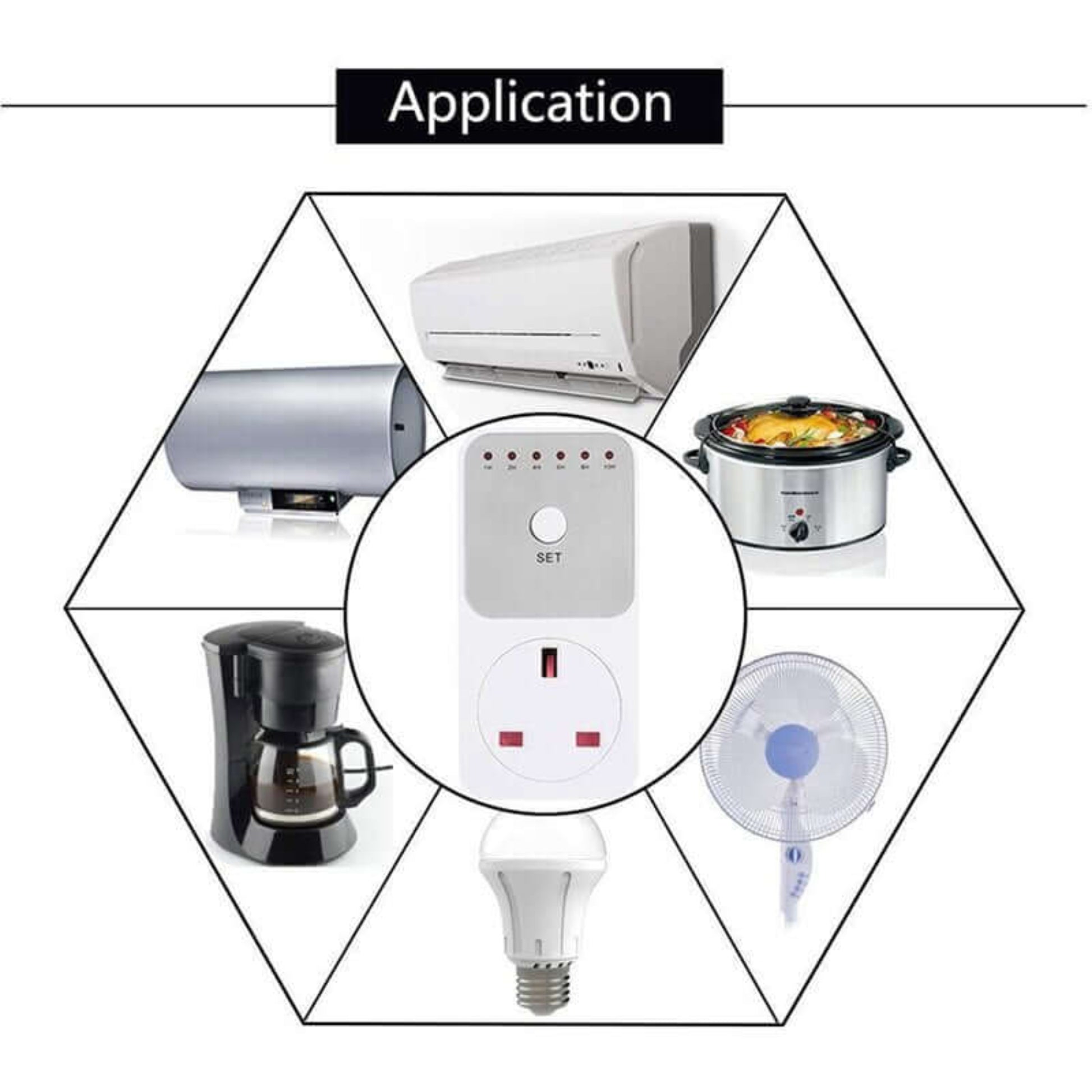 UK plug timer switch application for home appliances like heaters, slow cookers, air conditioning, and lights.