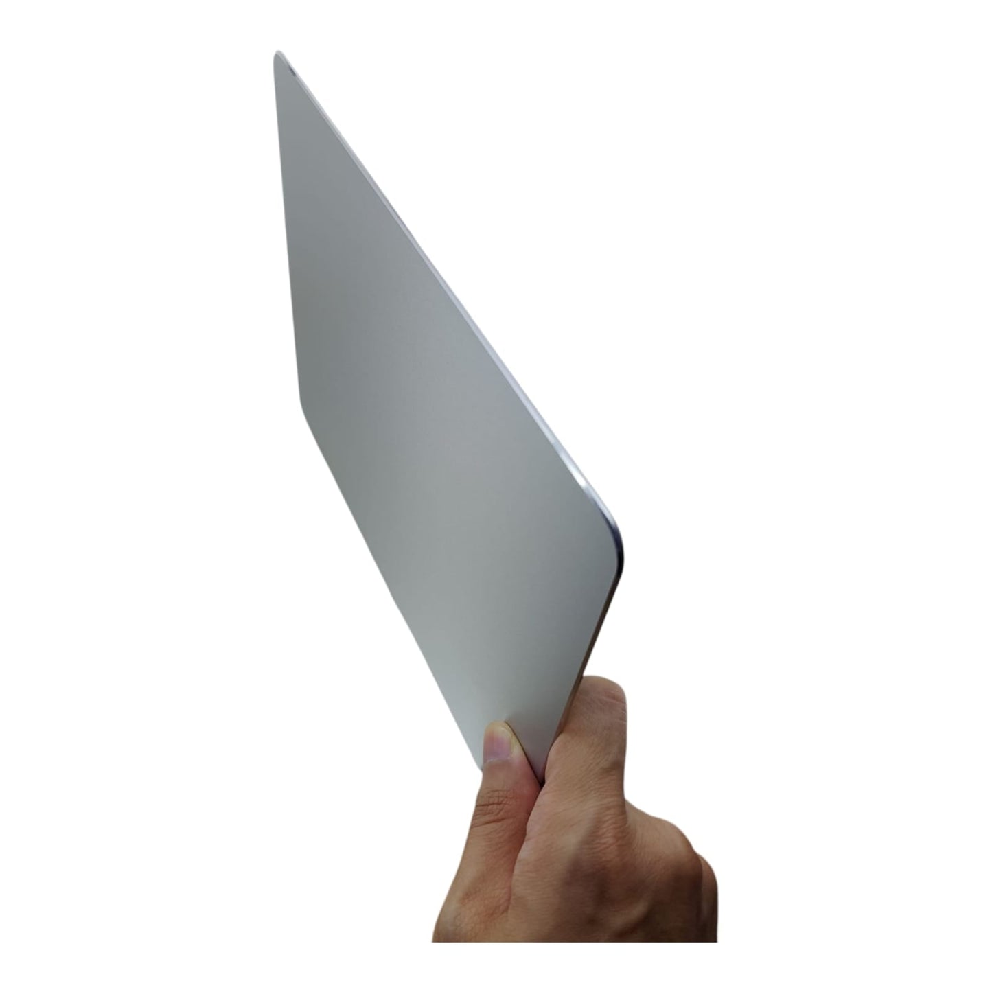 Hand holding the ultra-thin aluminum mouse pad to show its slim 1mm profile.