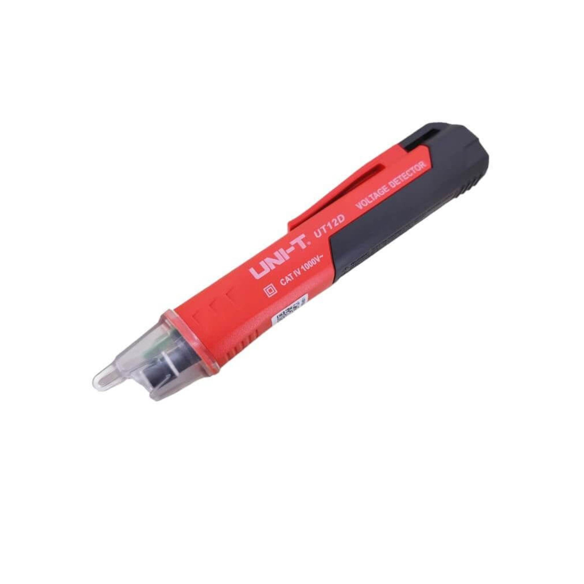 UNI-T UT12D AC voltage detector pen for non-contact electrical testing. Features a bright red and black design.