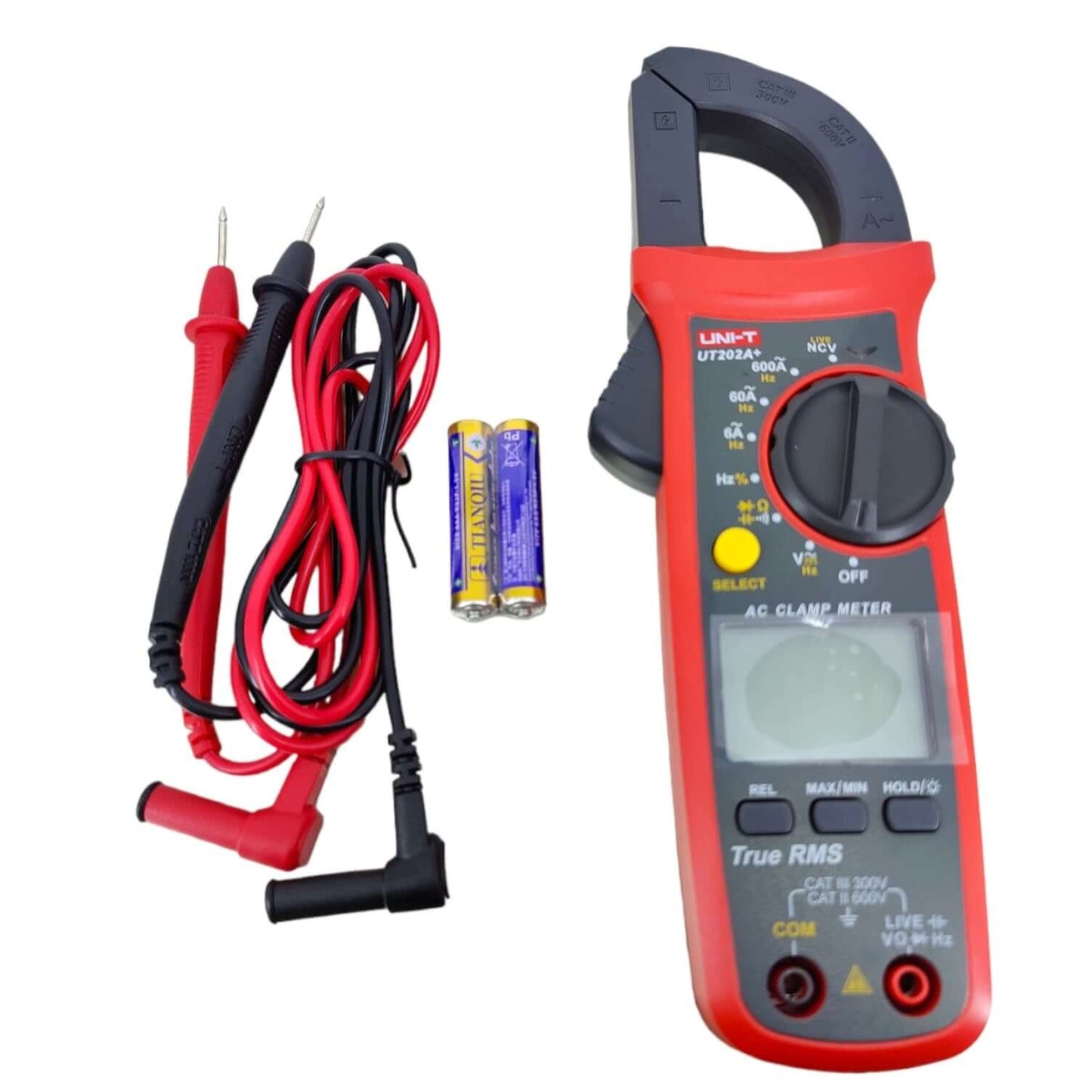 UNI-T UT202A+ digital clamp meter set, includes test leads and batteries, 600A AC measurement