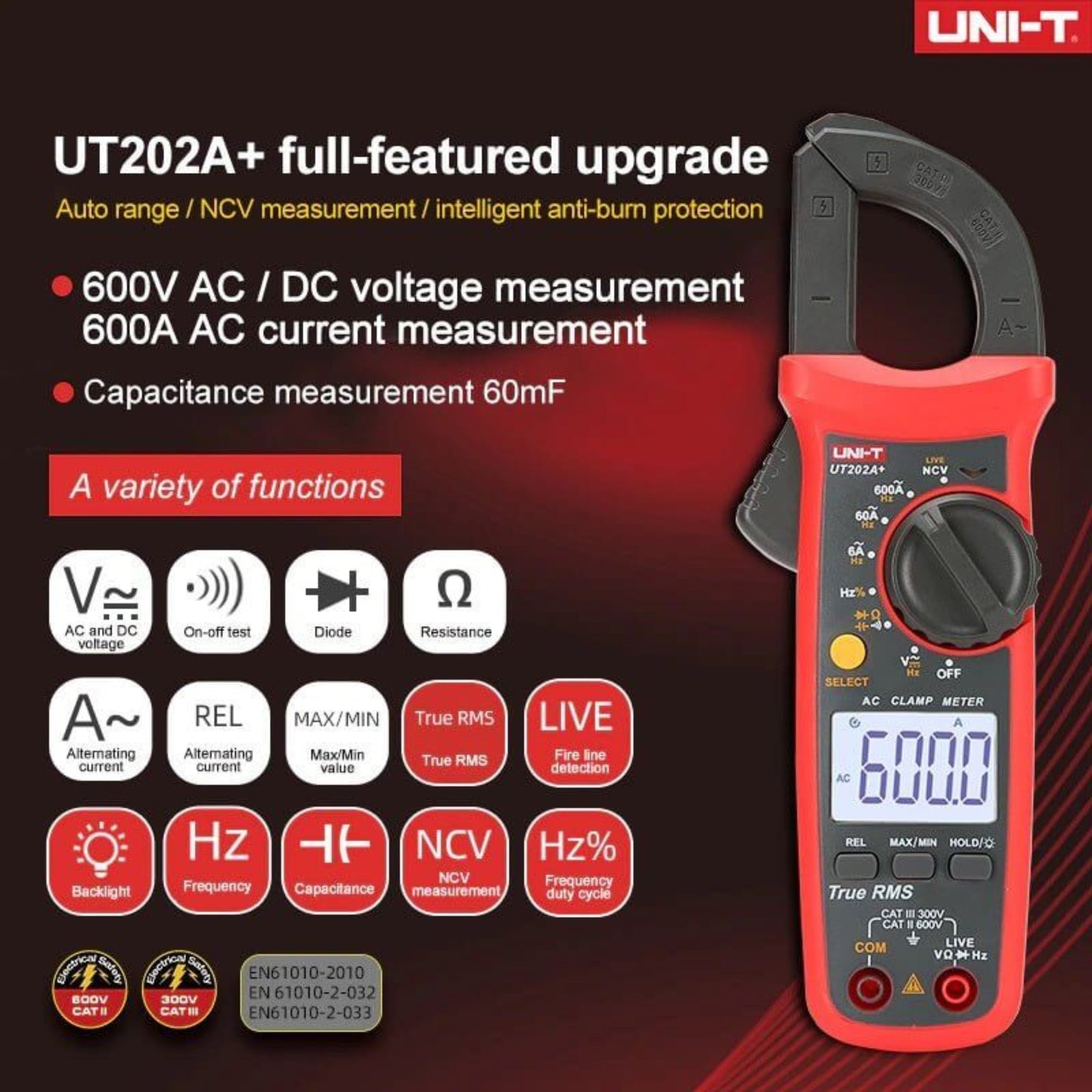 UNI-T UT202A+ clamp meter with feature list, 600V/600A, true RMS, multifunction electrician tool