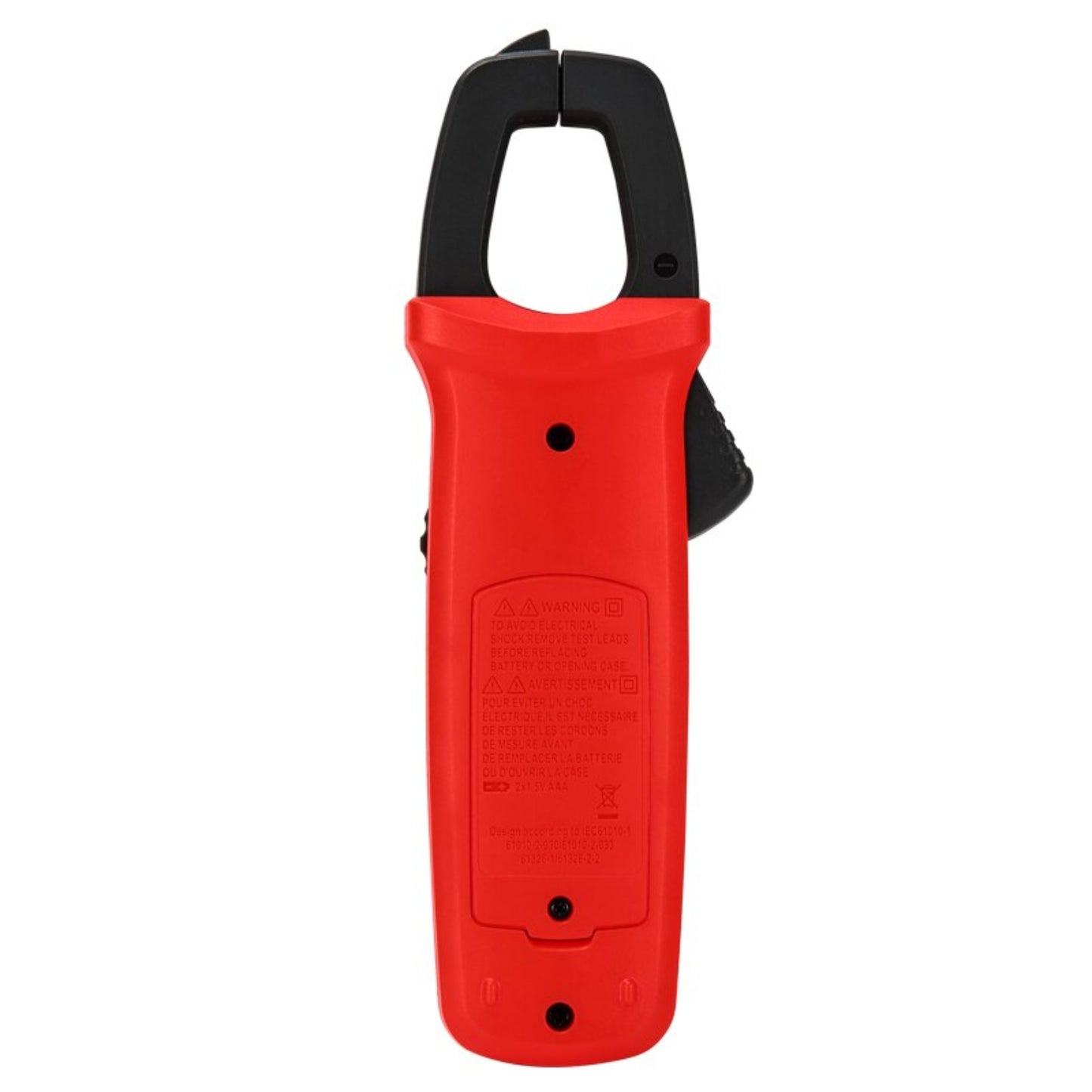 Back view of the red UNI-T UT203+ digital clamp meter, displaying safety warnings and the battery compartment.