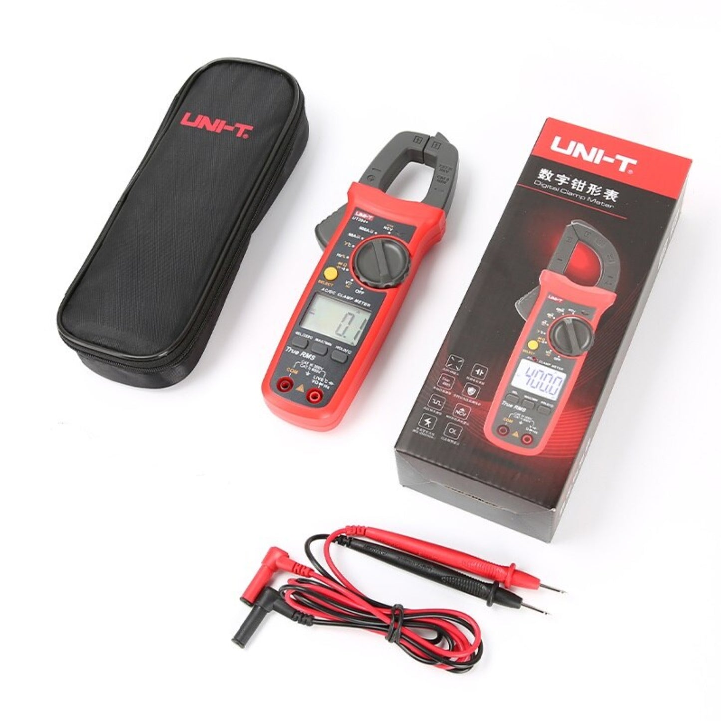 The complete UNI-T UT203+ digital clamp meter kit, including the meter, black carrying case, test leads, and retail box.