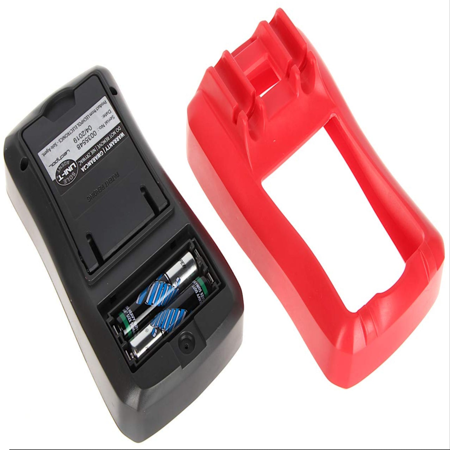 UNI-T UT33D+ multimeter parts showing battery compartment and red protective cover.
