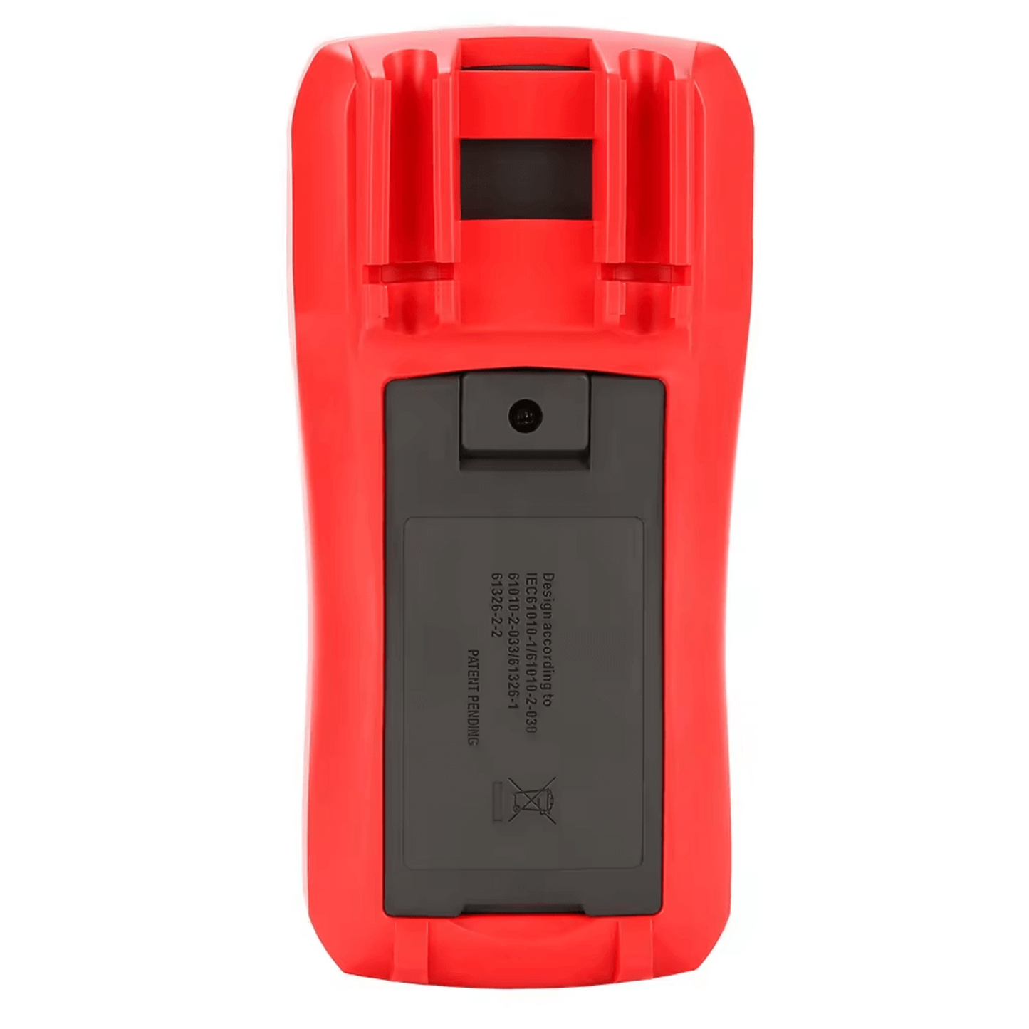 Back view of UNI-T UT890D+ digital multimeter showing battery compartment and red protective housing.
