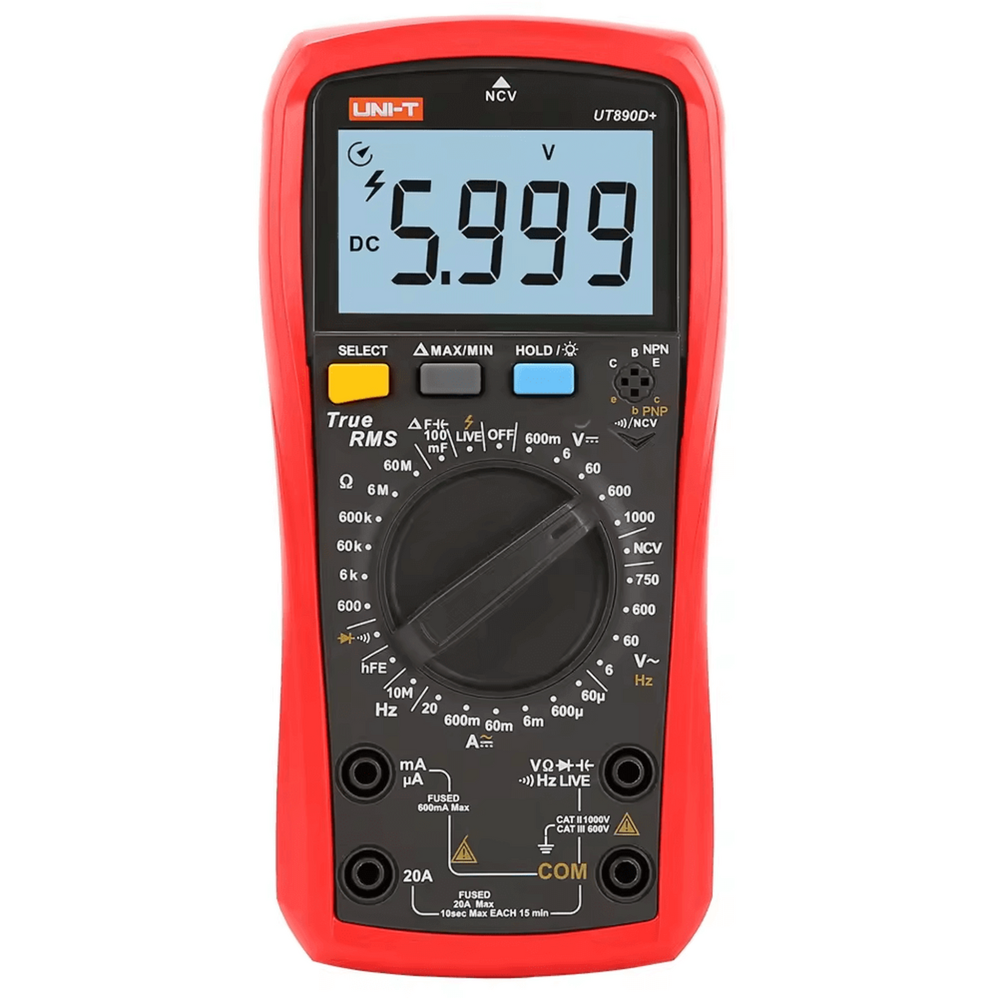 UNI-T UT890D+ digital multimeter displaying 5.999 volts DC on the LCD screen