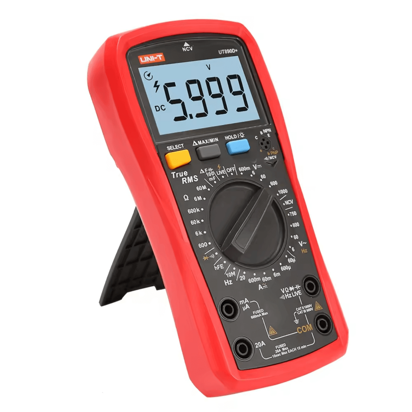 Side angle of UNI-T UT890D+ showing foldable stand for hands-free operation and large display.