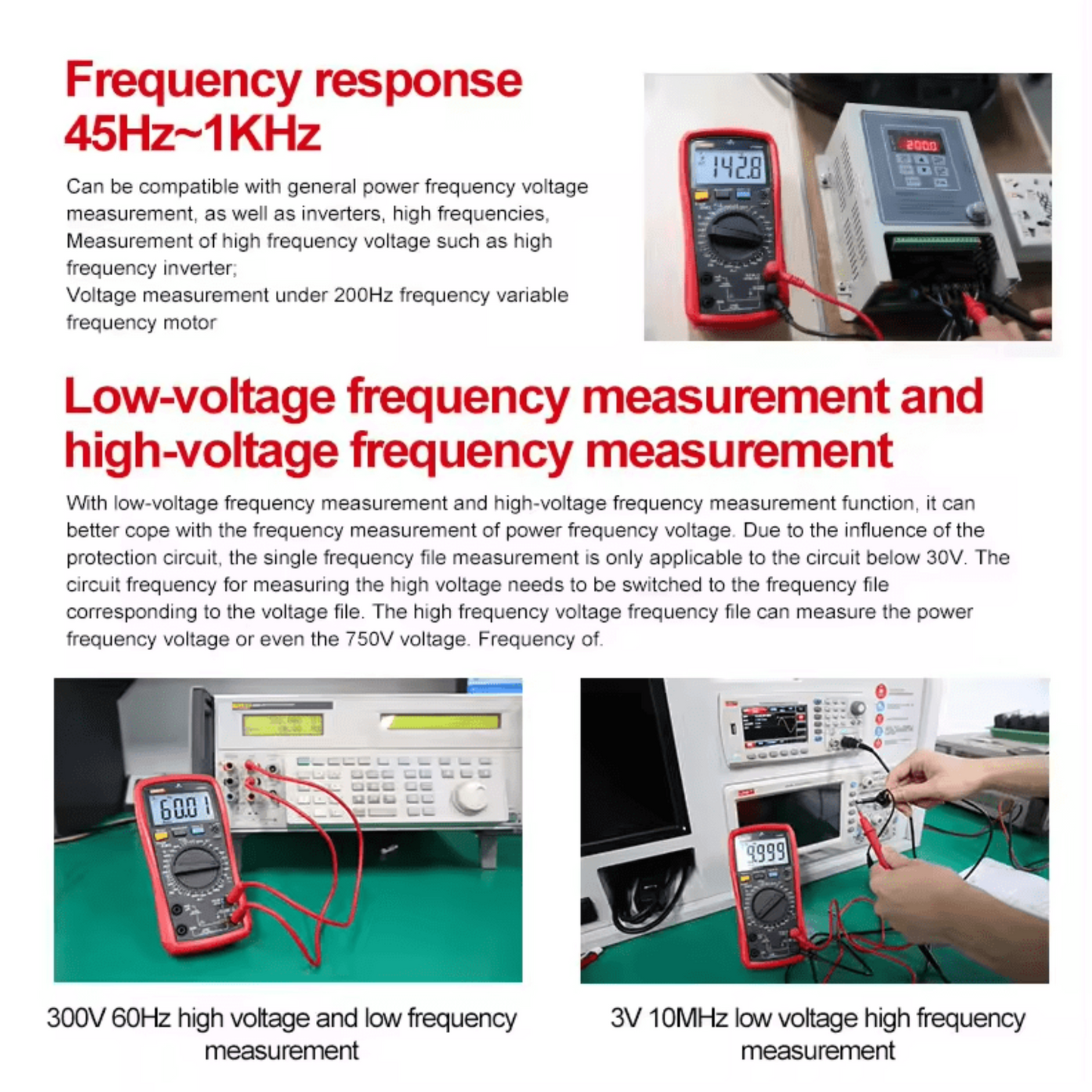 UNI-T UT890D+ multimeter measuring high and low voltage frequency in different test environments.