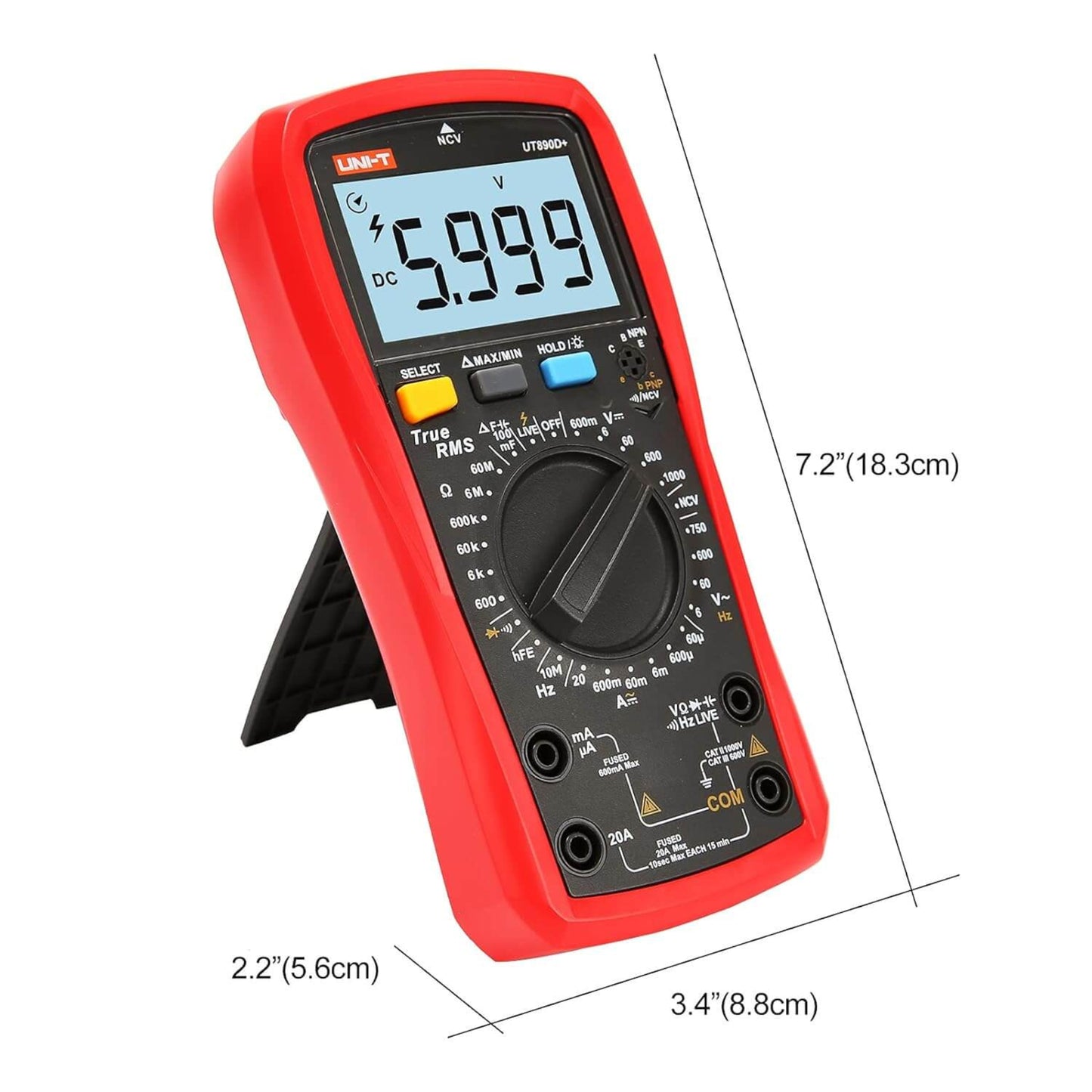 UNI-T UT890D+ digital multimeter side view displaying product dimensions and stand for easy use.