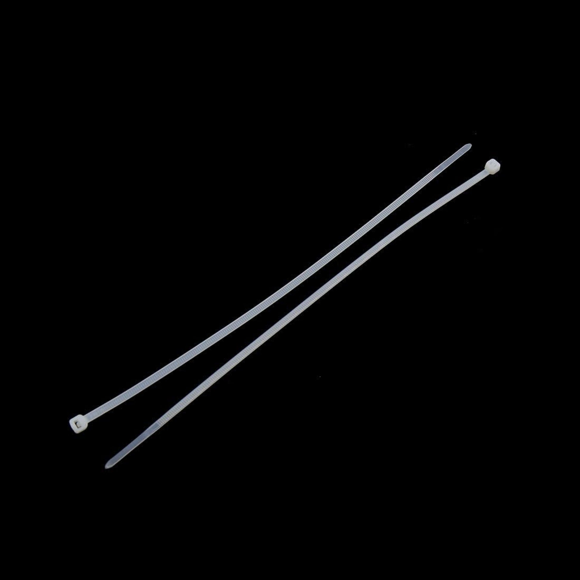 Two 5x300mm universal white nylon cable ties, ideal for automotive wire fastening and organization.