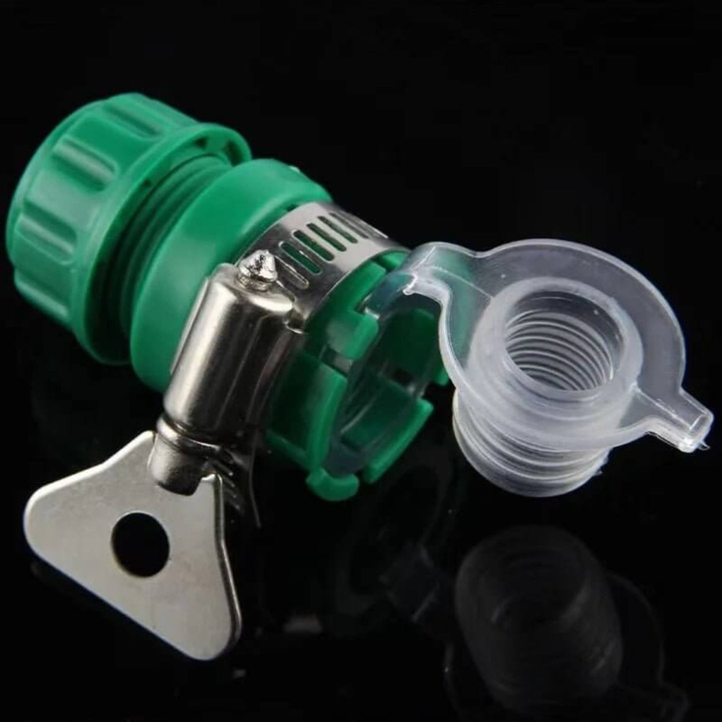 Universal faucet adapter for garden hoses, lightweight connector for tap conversion and irrigation systems.