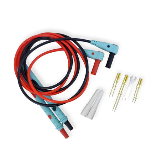 Complete universal multimeter test lead kit including 1-meter silicone cables, interchangeable gold-plated needle probes, and accessories laid out on a white background.