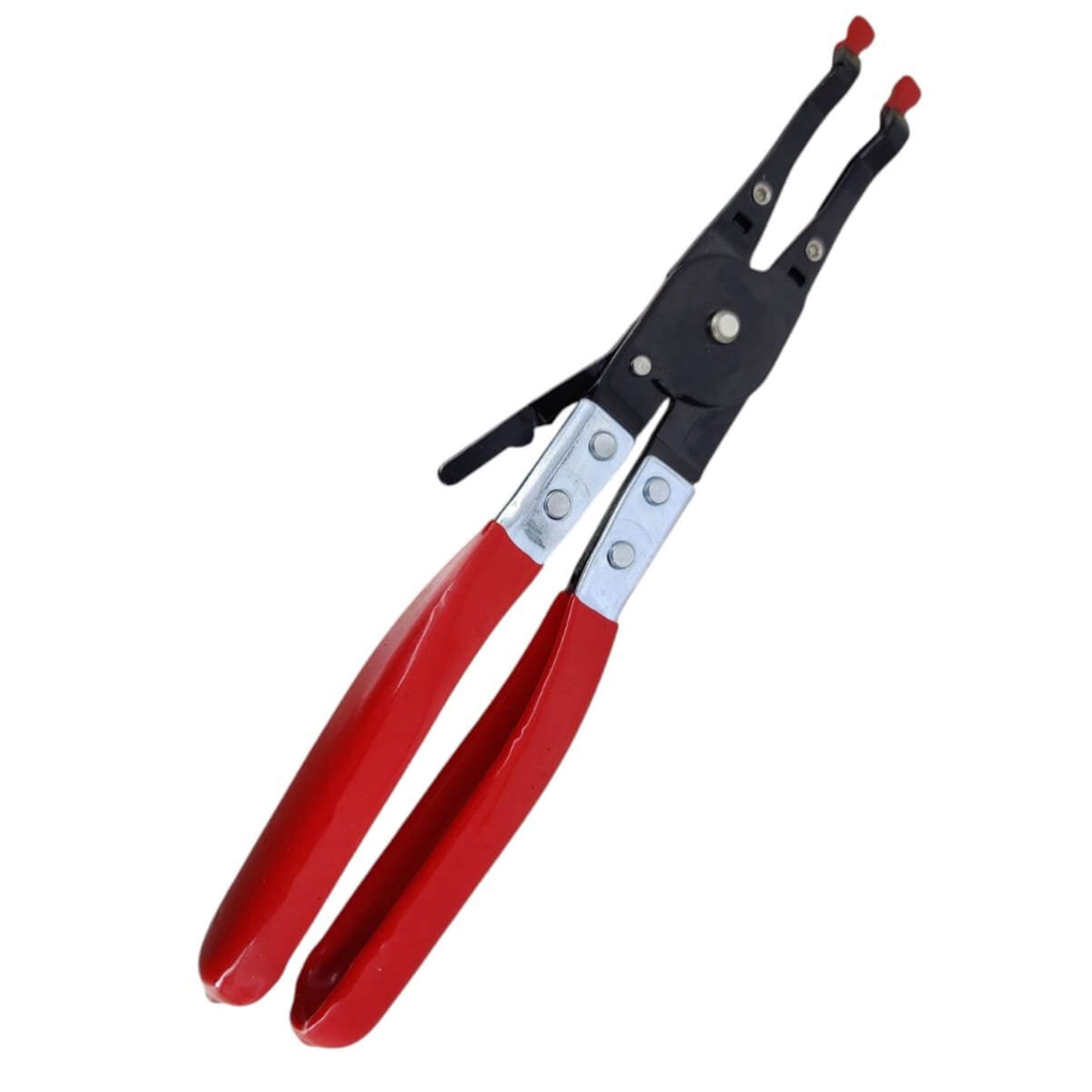 Soldering pliers with red handles and metal tips for welding and wire maintenance tools.