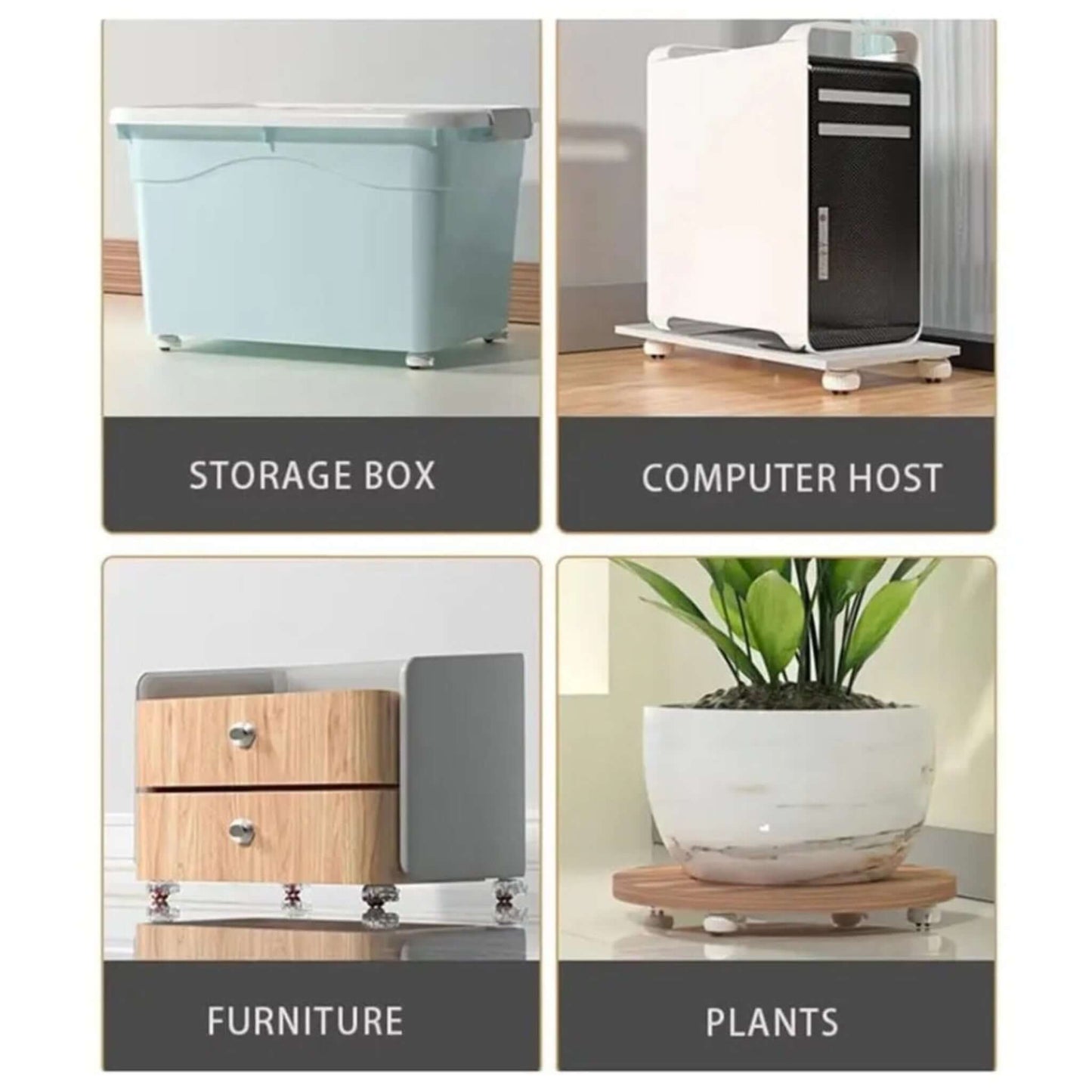 Versatile universal wheel casters used on storage boxes, computer hosts, furniture, and plant pots.