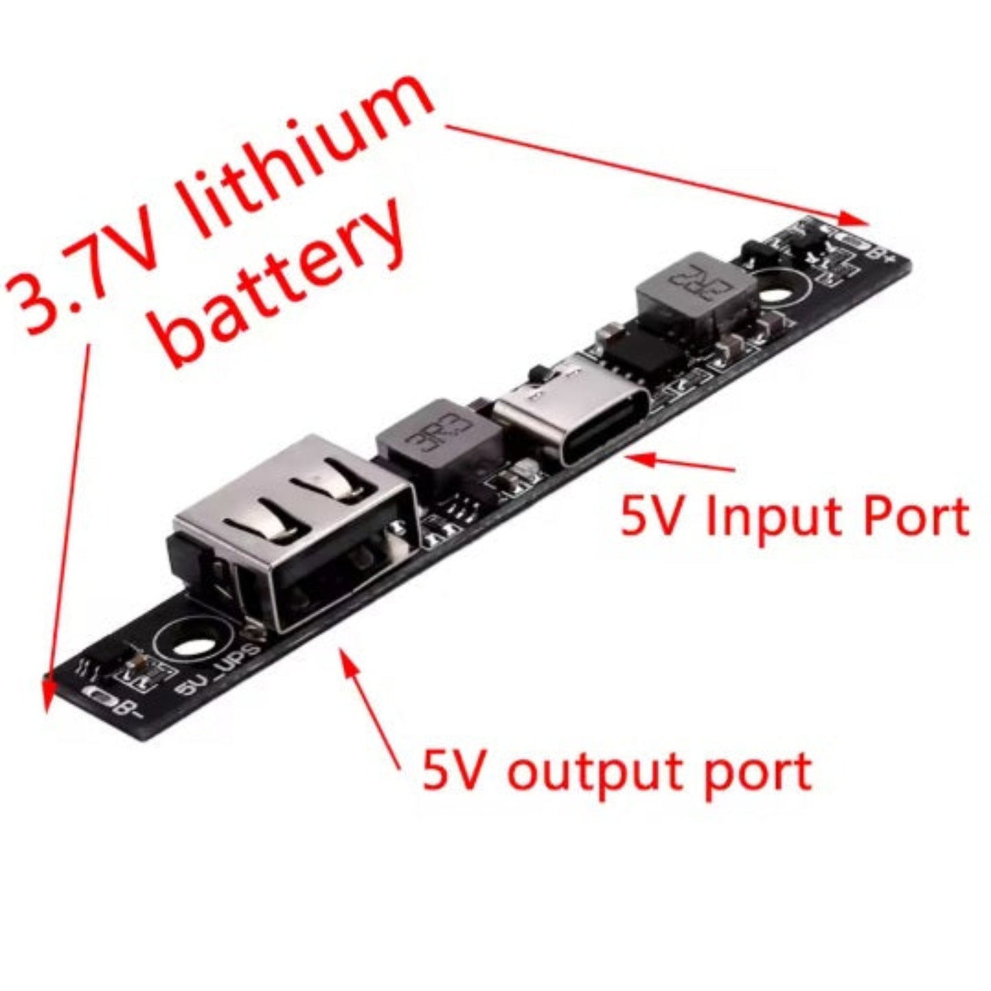 Wiring diagram for 5V UPS module showing 3.7V battery connection and input/output ports