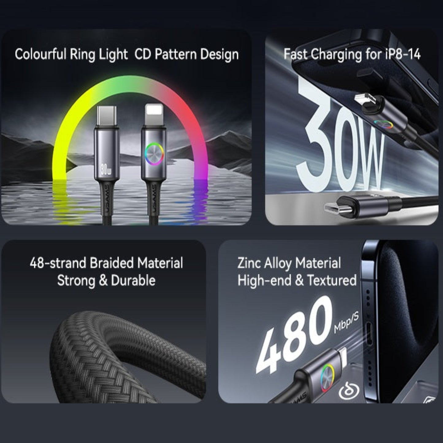 This image shows key features of the USAMS SJ753 cable, including 30W fast charging and a durable braided design.