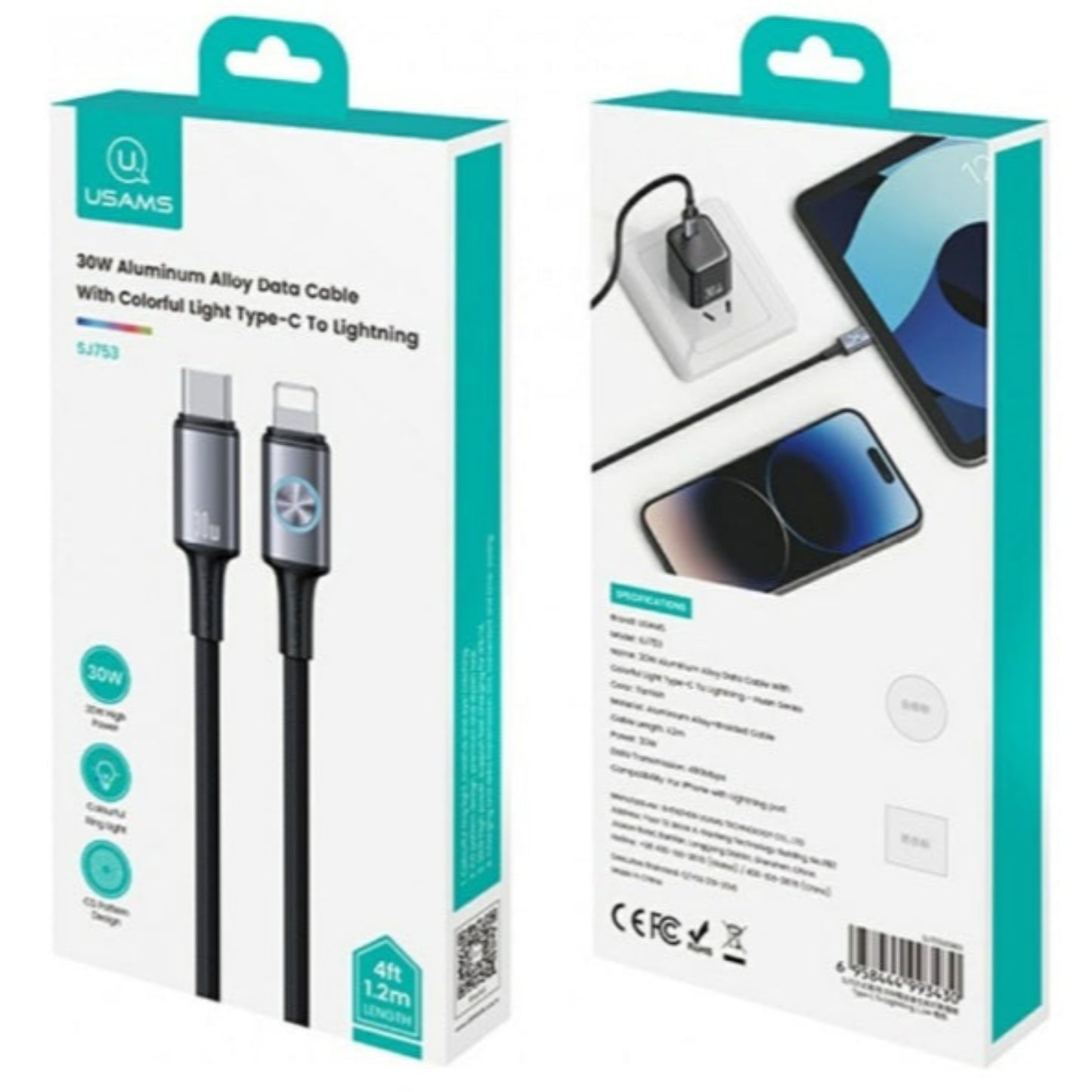 Product packaging for the USAMS SJ753 30W Type-C to Lightning cable.