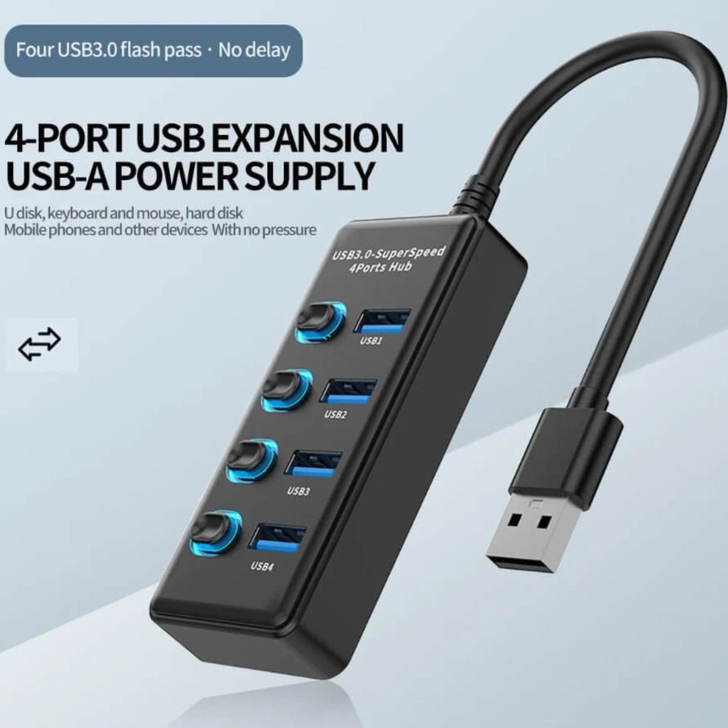 4-port USB 3.0 hub with individual switches for connecting multiple devices simultaneously.