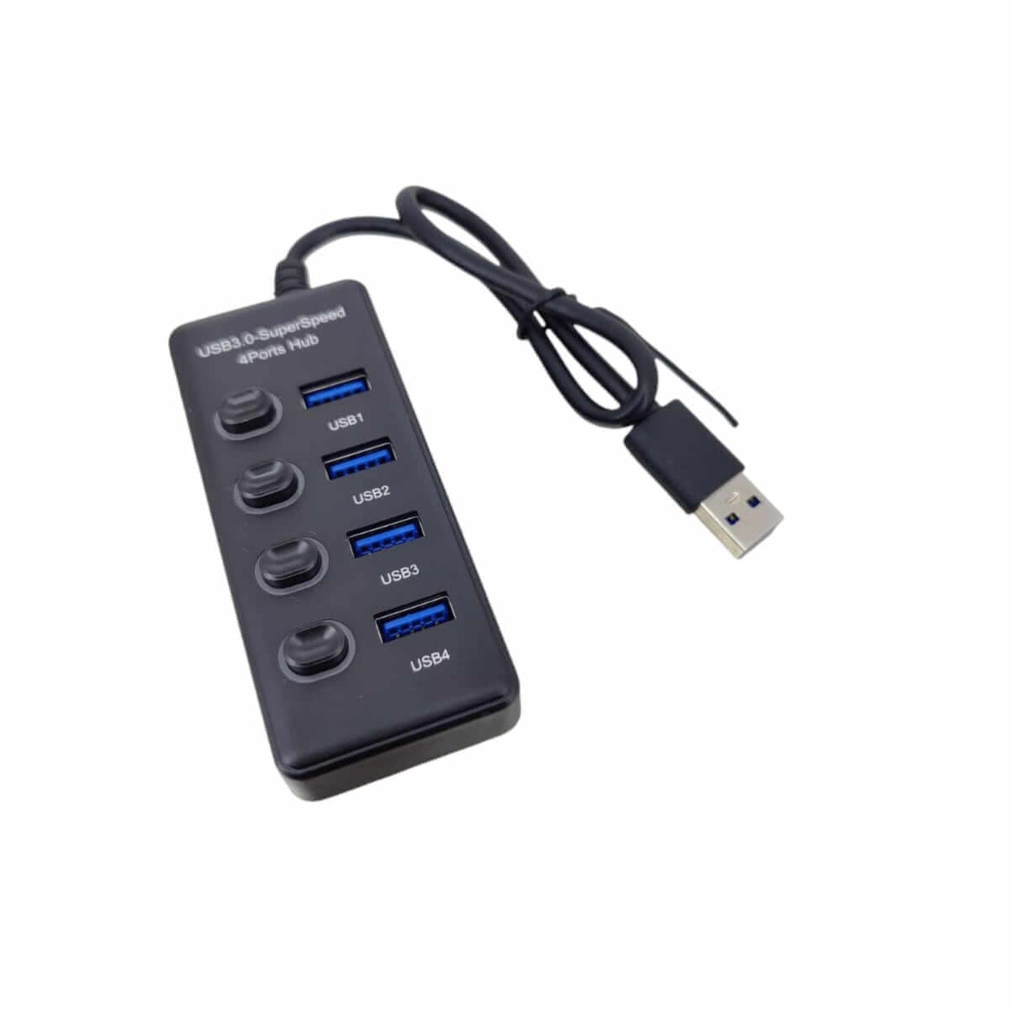 USB 3.0 4-Port Hub with individual switches for device connectivity and fast data transfer.