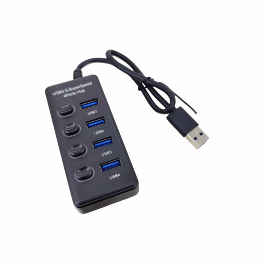 USB 3.0 4-Port Hub with individual switches for device connectivity and fast data transfer.